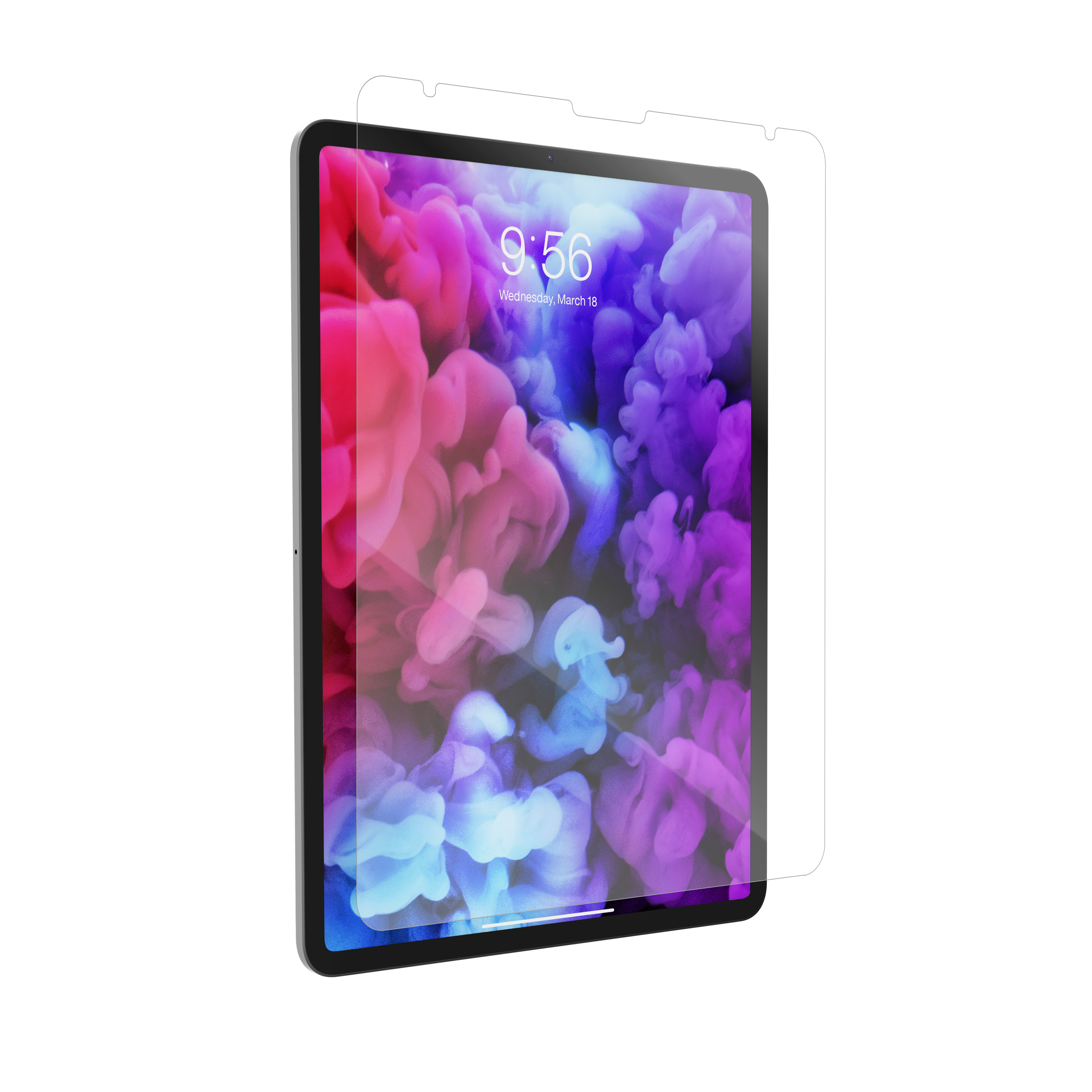 iPad z osłoną ekranu. Ekran pokazuje kolorowy, abstrakcyjny wzór dymu z godziną i datą.