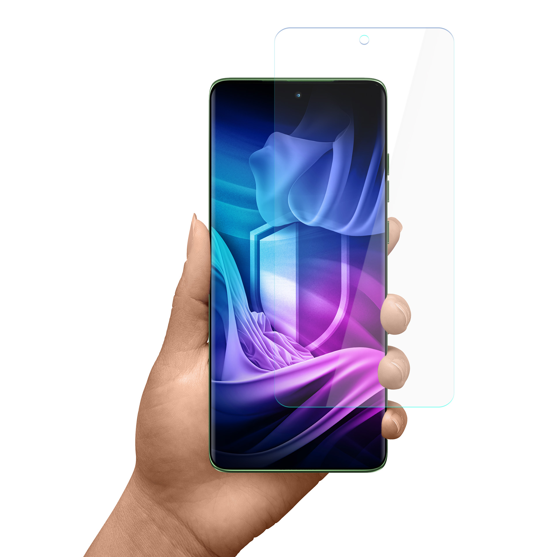 Mano che tiene un telefono verde con protezione schermo. Il telefono ha una grafica colorata sullo schermo. Sfondo bianco.
