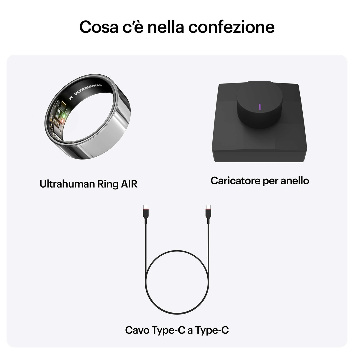 Das Bild zeigt einen Ultrahuman Ring AIR, ein Ladegerät und ein USB-C-Kabel. Der Text lautet 'Cosa c'è nella confezione' (Was ist in der Box?).