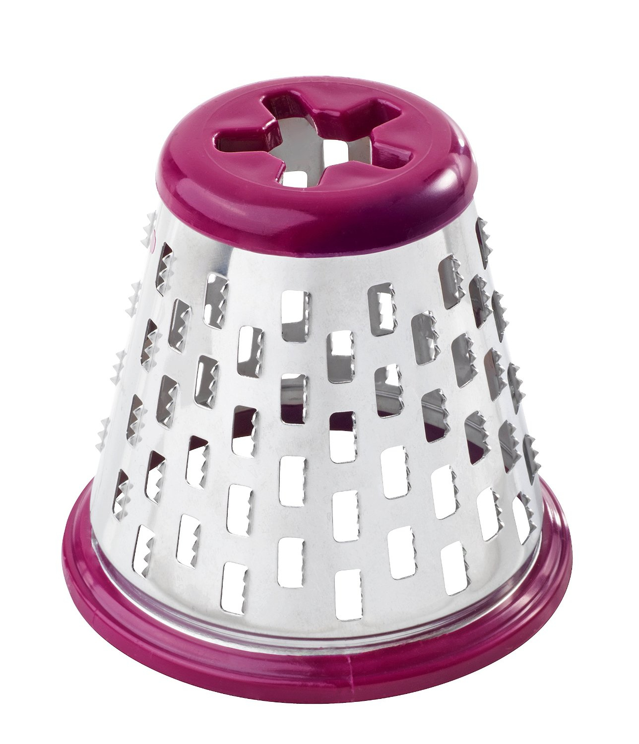 Una grattugia in metallo con bordo e parte superiore viola. Ha una forma a cono con fori quadrati e piccoli denti.