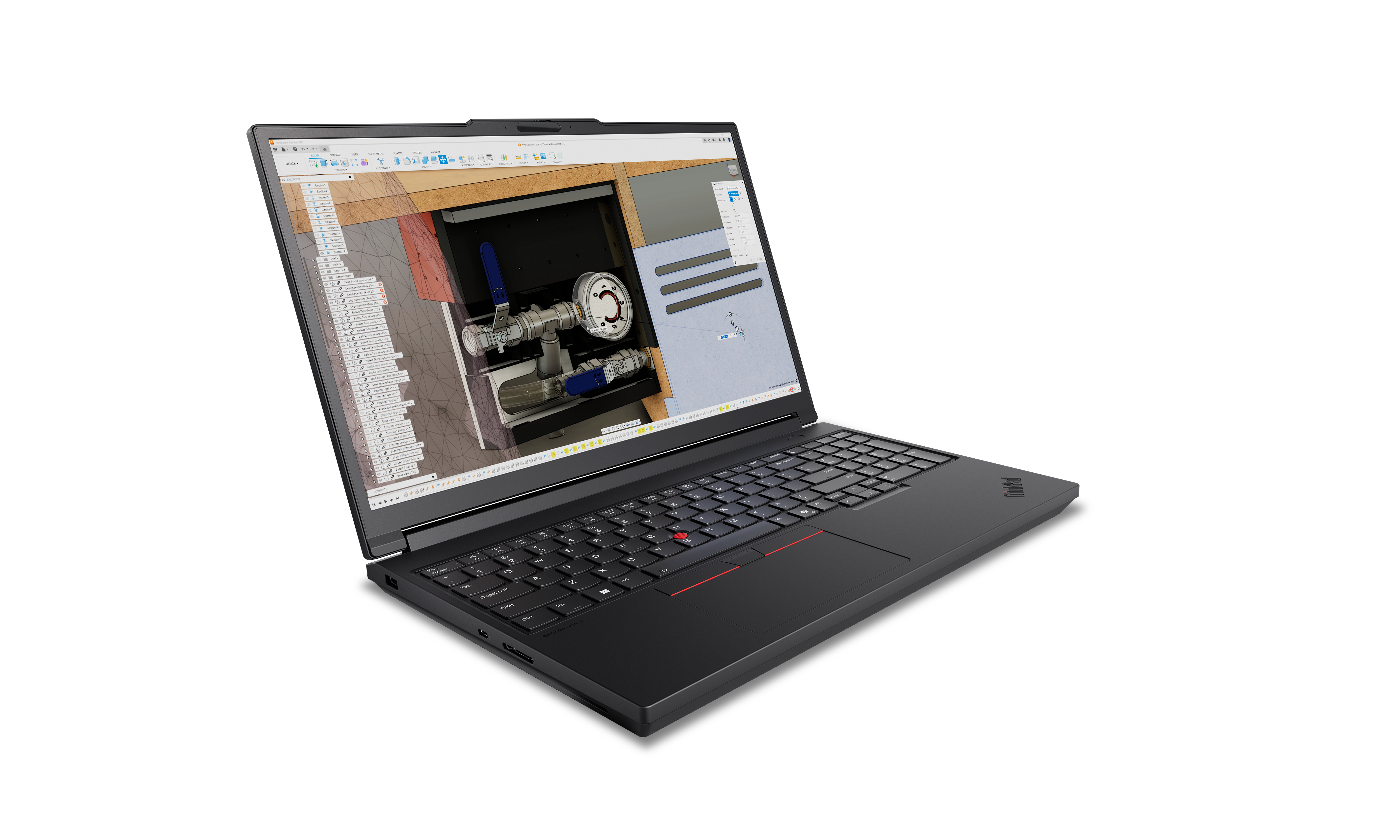 Un laptop ThinkPad nero mostra un modello 3D di raccordi idraulici. Lo schermo mostra un design dettagliato.