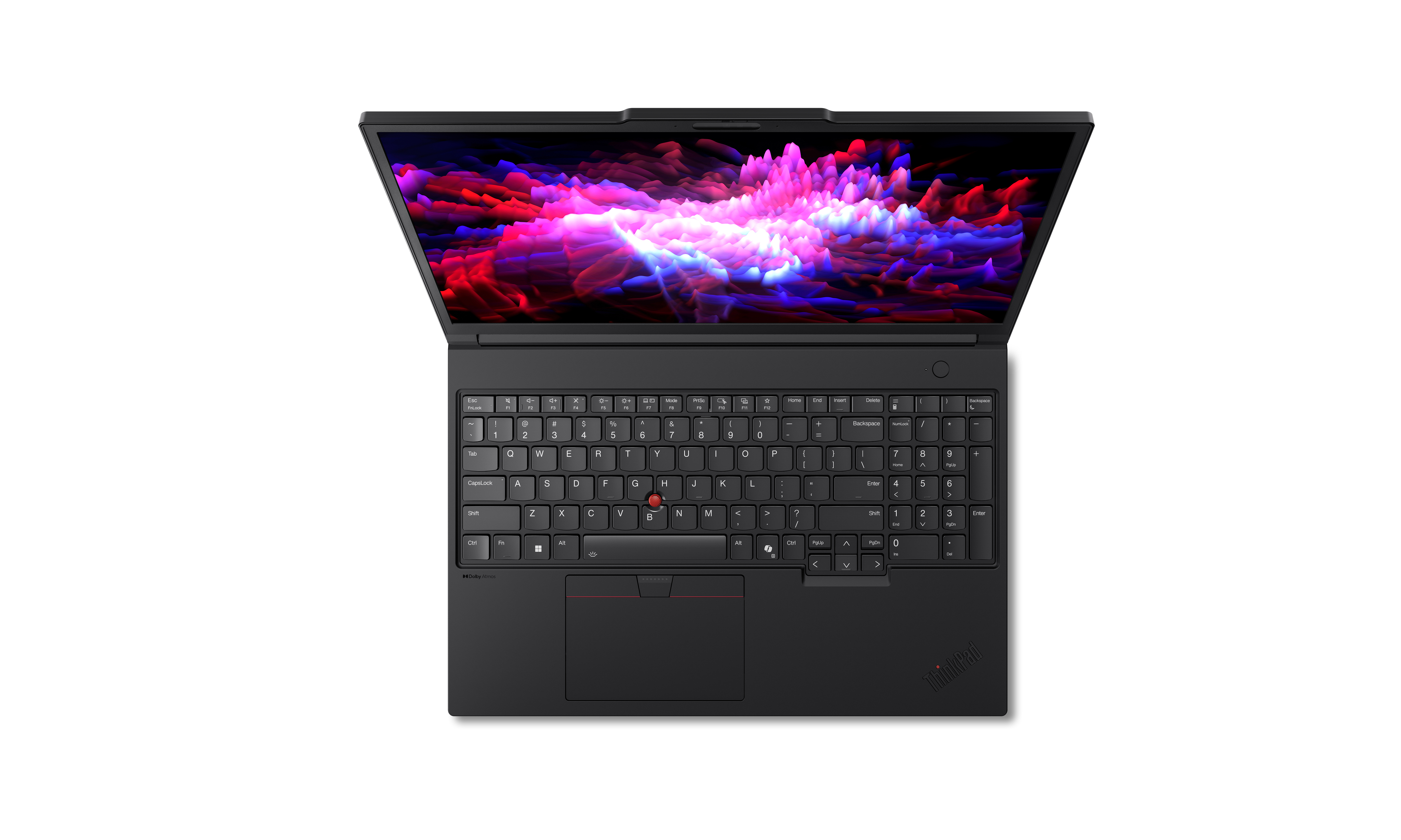 Laptop nero, aperto, con display astratto colorato. Tastiera e touchpad visibili. Sfondo bianco.