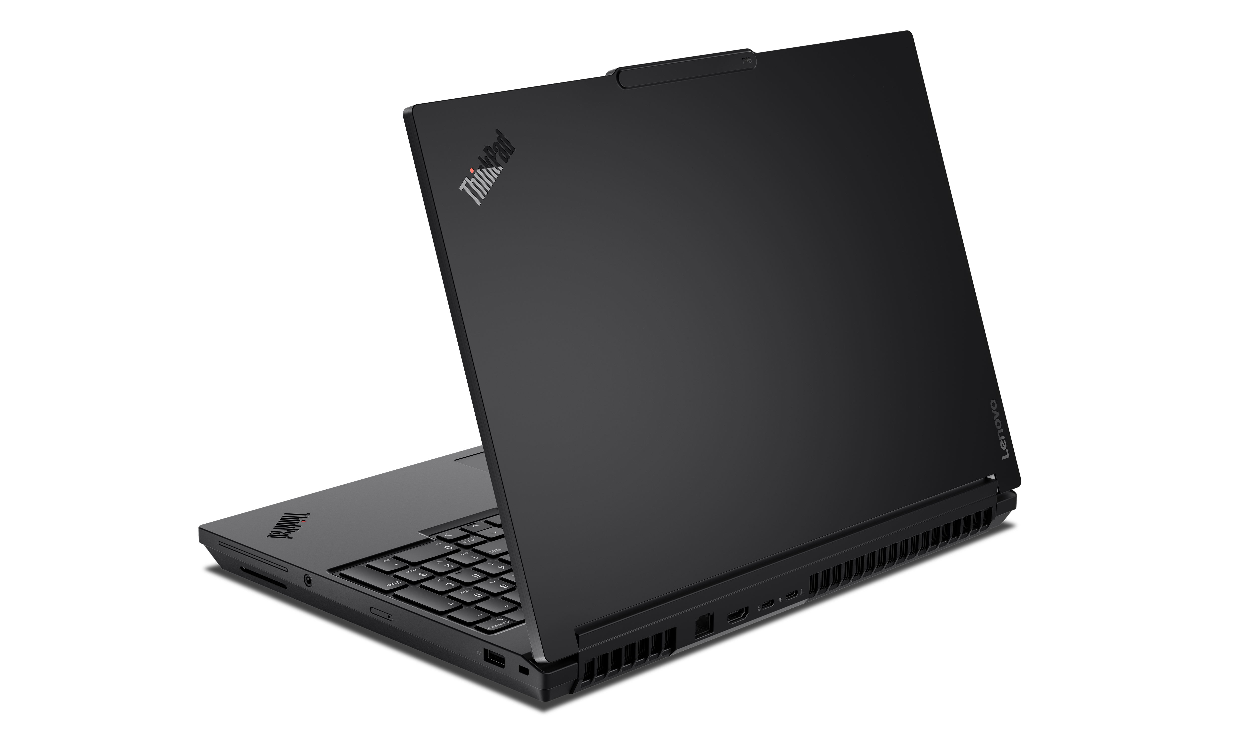 Un laptop ThinkPad nero è leggermente aperto su sfondo bianco. La tastiera e lo schermo sono visibili con il logo Lenovo.