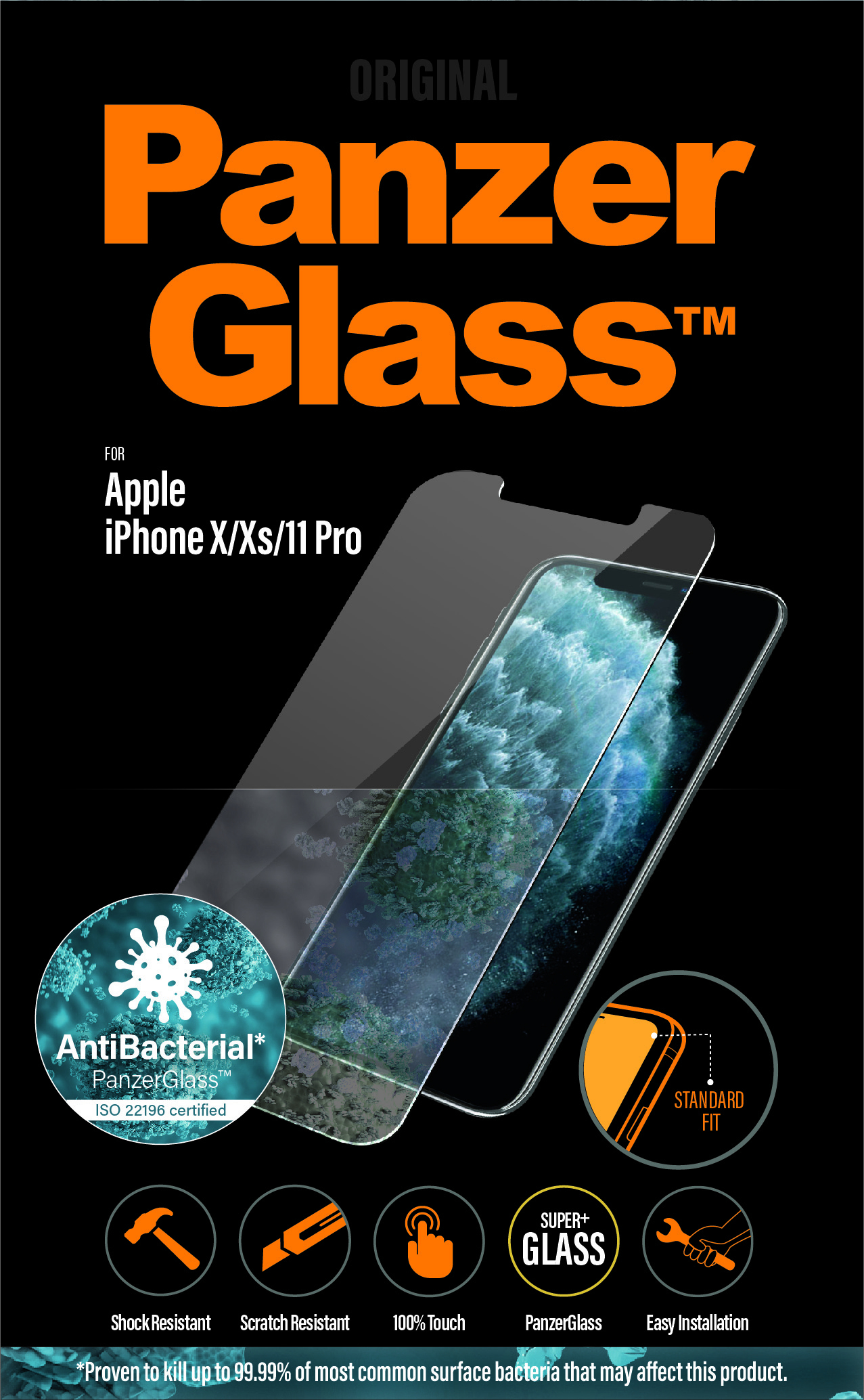 Un protecteur d'écran PanzerGlass est présenté. Il comprend un iPhone, un logo antibactérien et des icônes de résistance aux chocs et aux rayures.