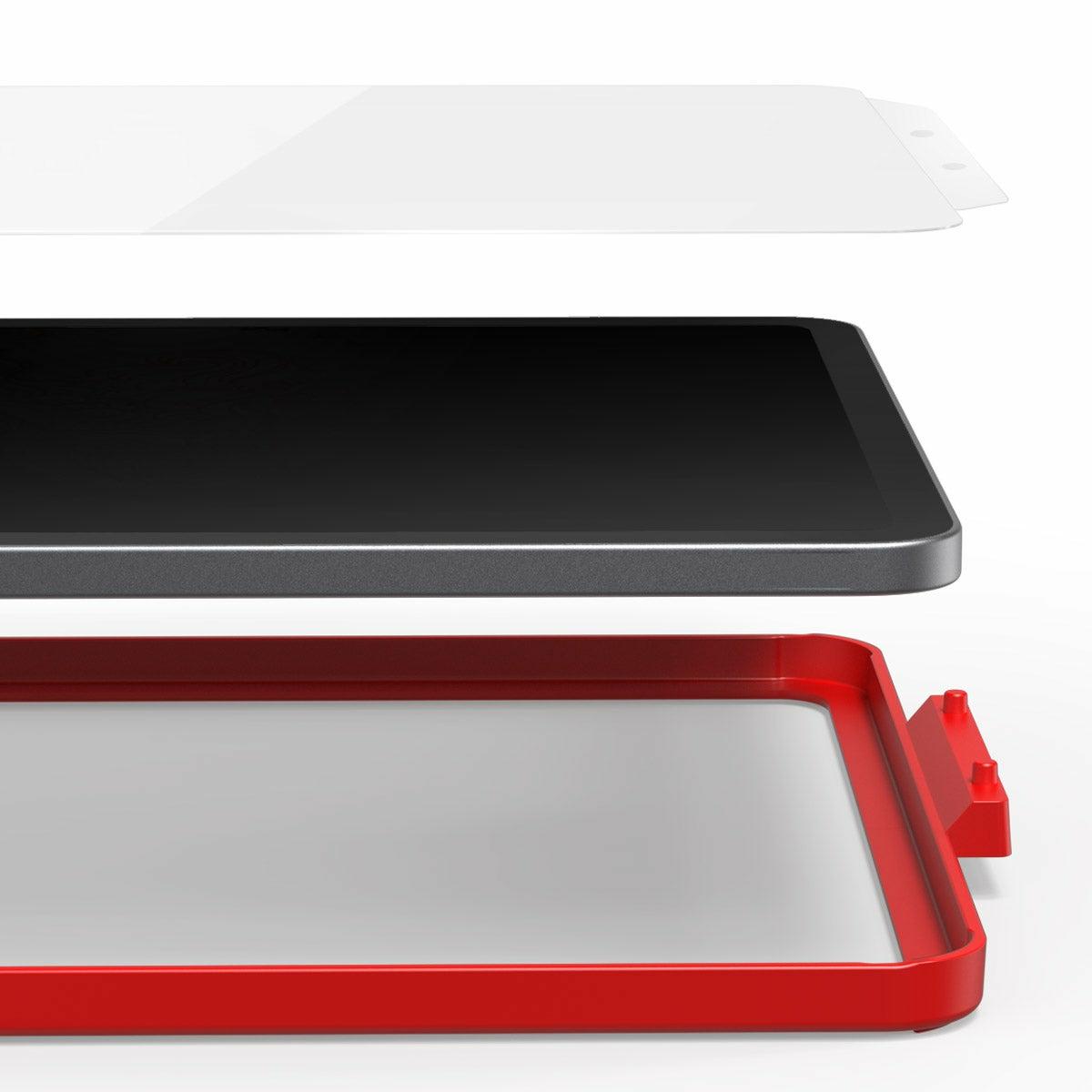 Widok rozłożony zestawu ochraniacza ekranu tabletu. Obejmuje arkusz ochronny, tablet i czerwoną ramkę.
