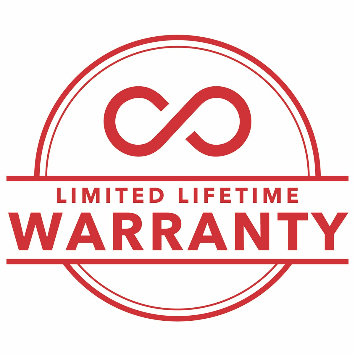 Czerwone logo na białym tle. Zawiera napis "LIMITED LIFETIME WARRANTY" i symbol nieskończoności w okręgu.