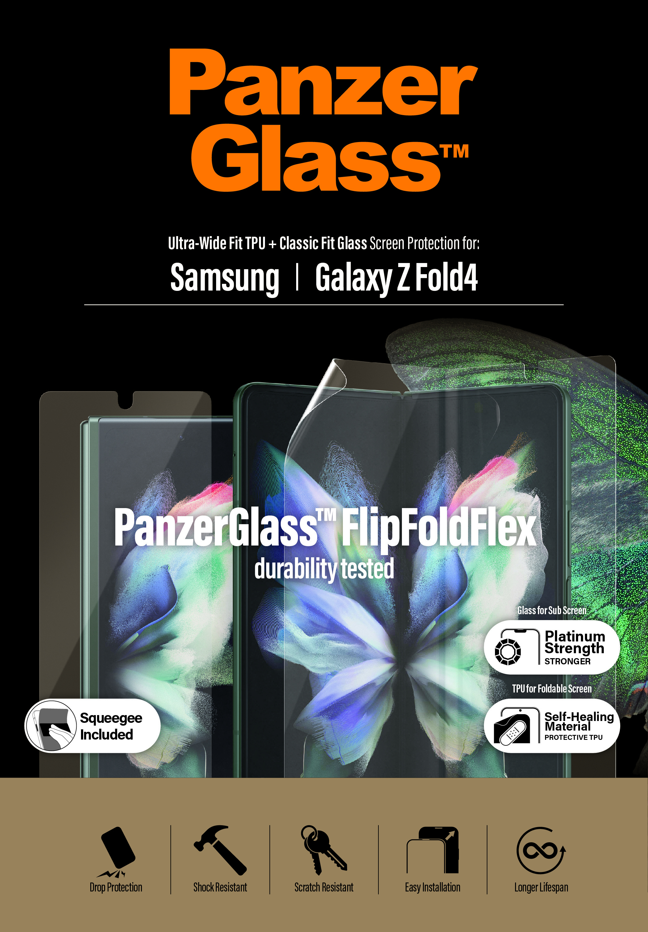 Een productadvertentie voor PanzerGlass schermbeschermer voor Samsung Galaxy Z Fold4, toont het product en functies.