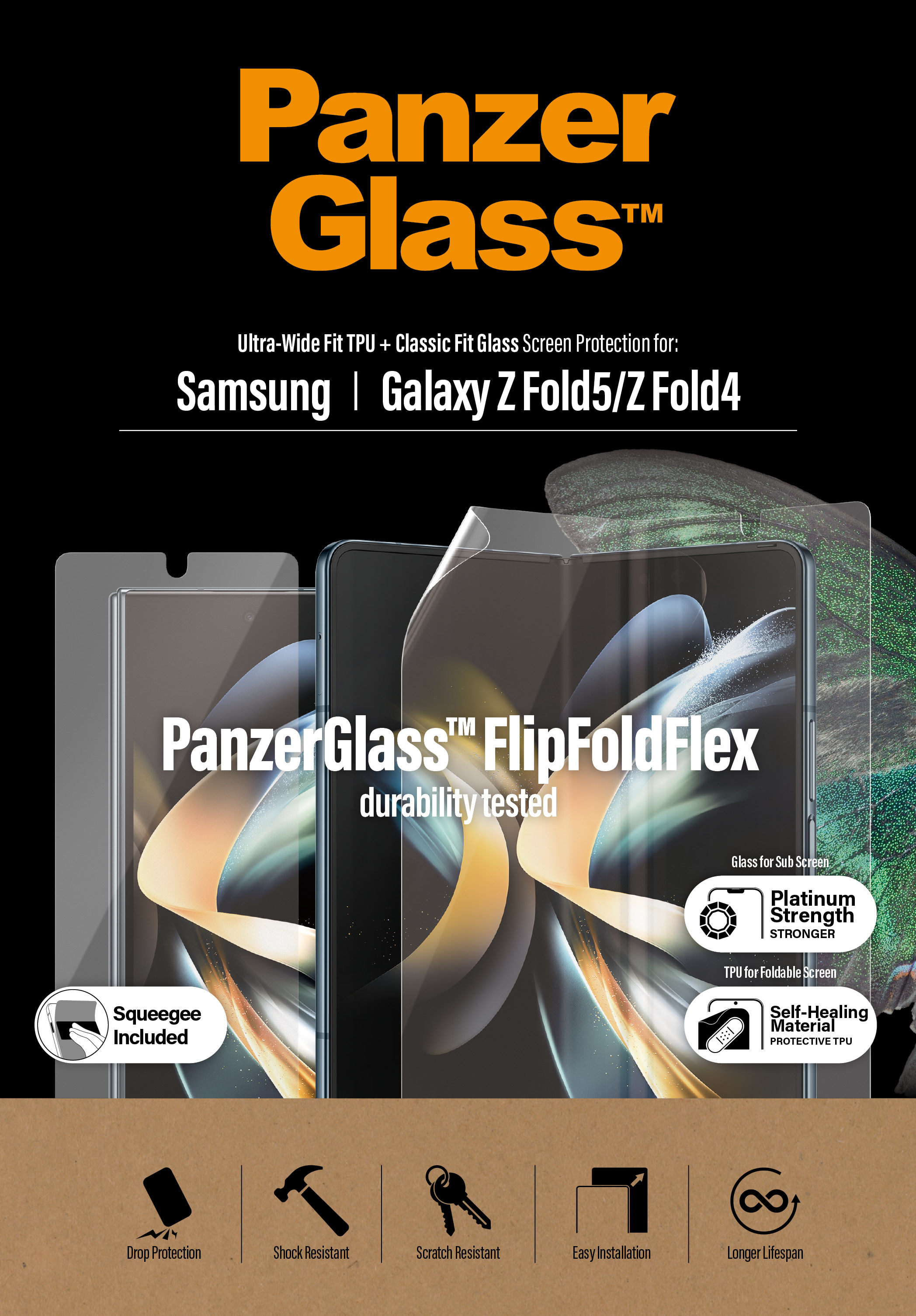 Zwarte achtergrond met schermbeschermers. Tekst: PanzerGlass, FlipFoldFlex. Eigenschappen: val, schok, kras, eenvoudige installatie, langere levensduur.