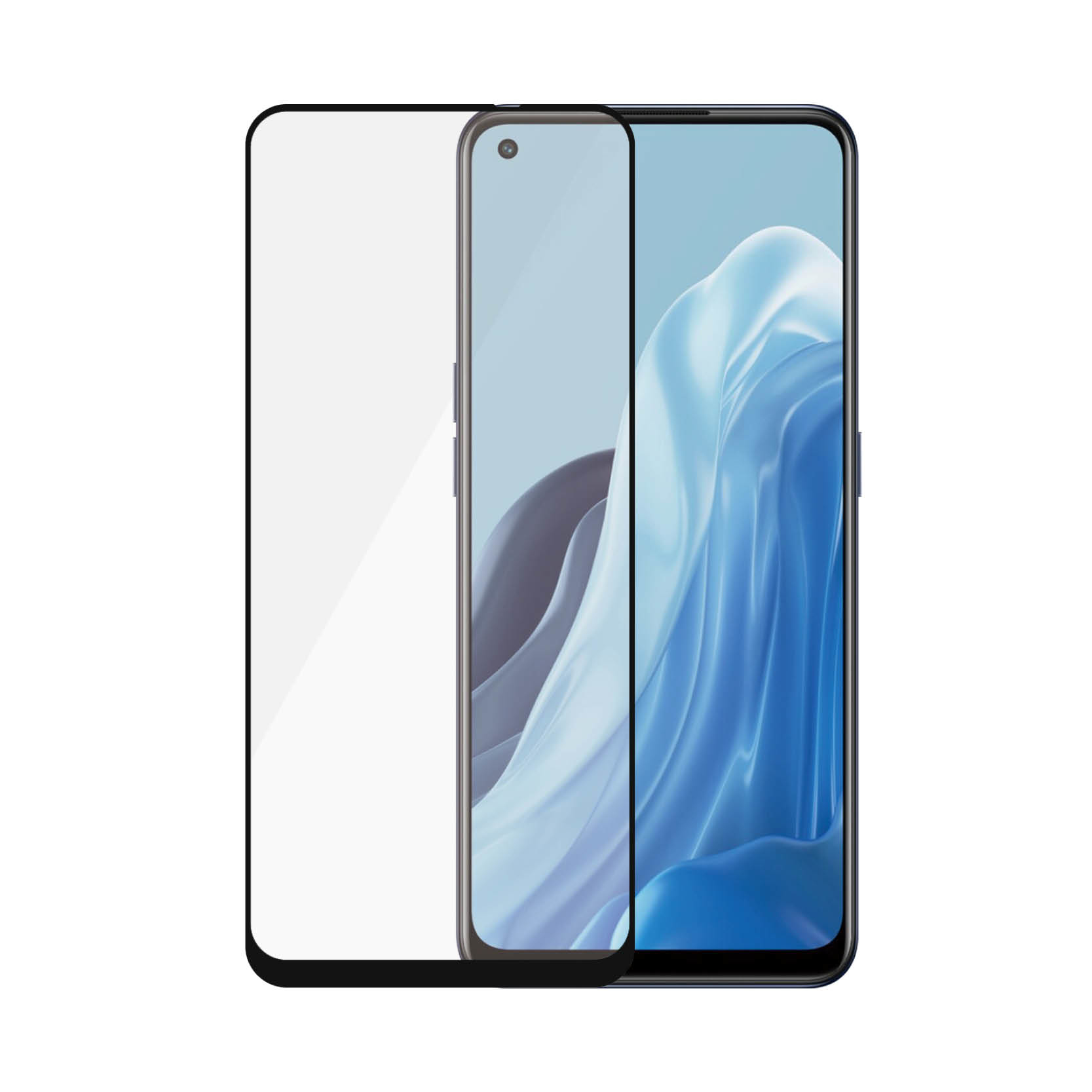 Uno smartphone con protezione schermo. Lo schermo mostra forme astratte blu. È visibile una piccola fotocamera.