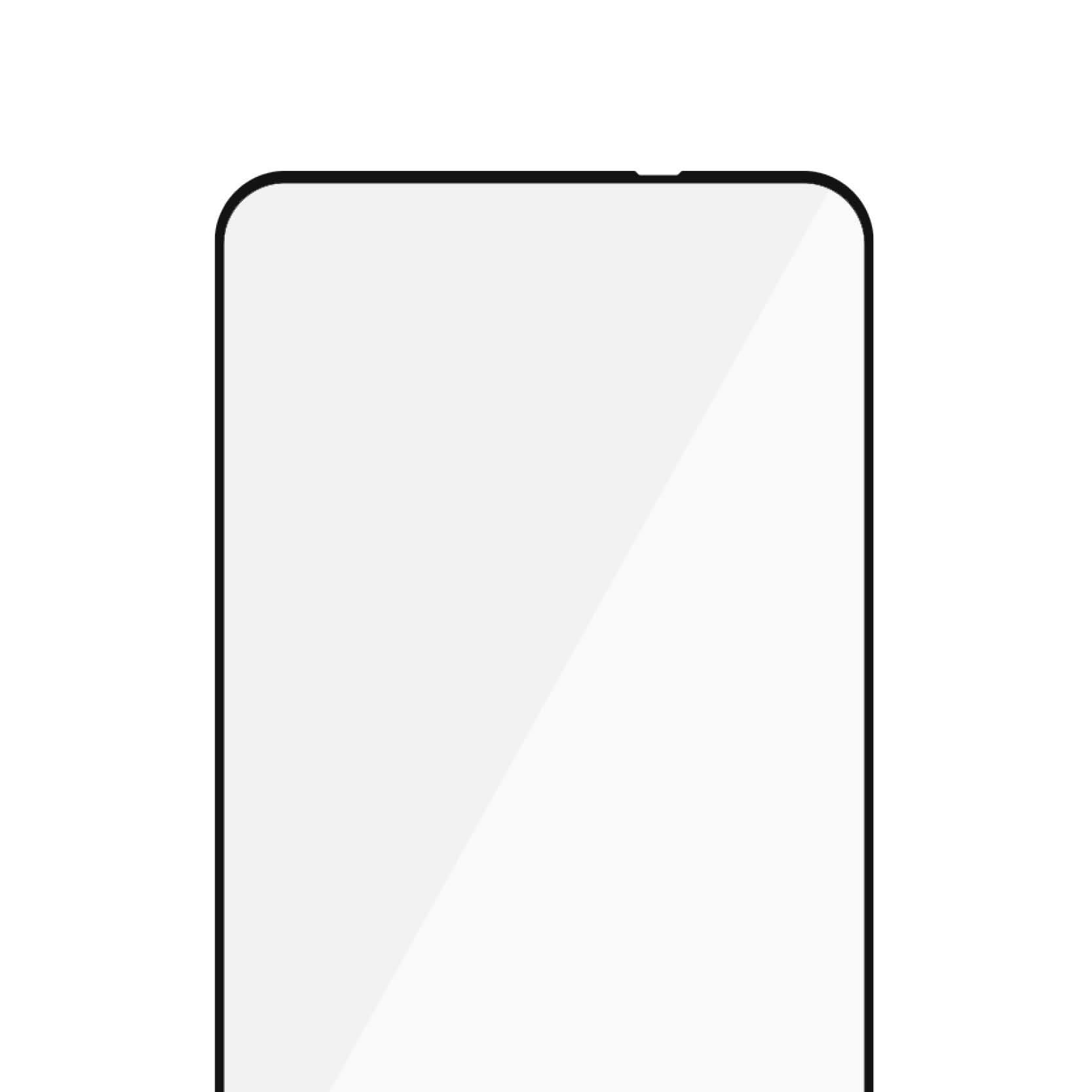 Primo piano di una protezione schermo per smartphone. È rettangolare con angoli arrotondati e bordo nero.