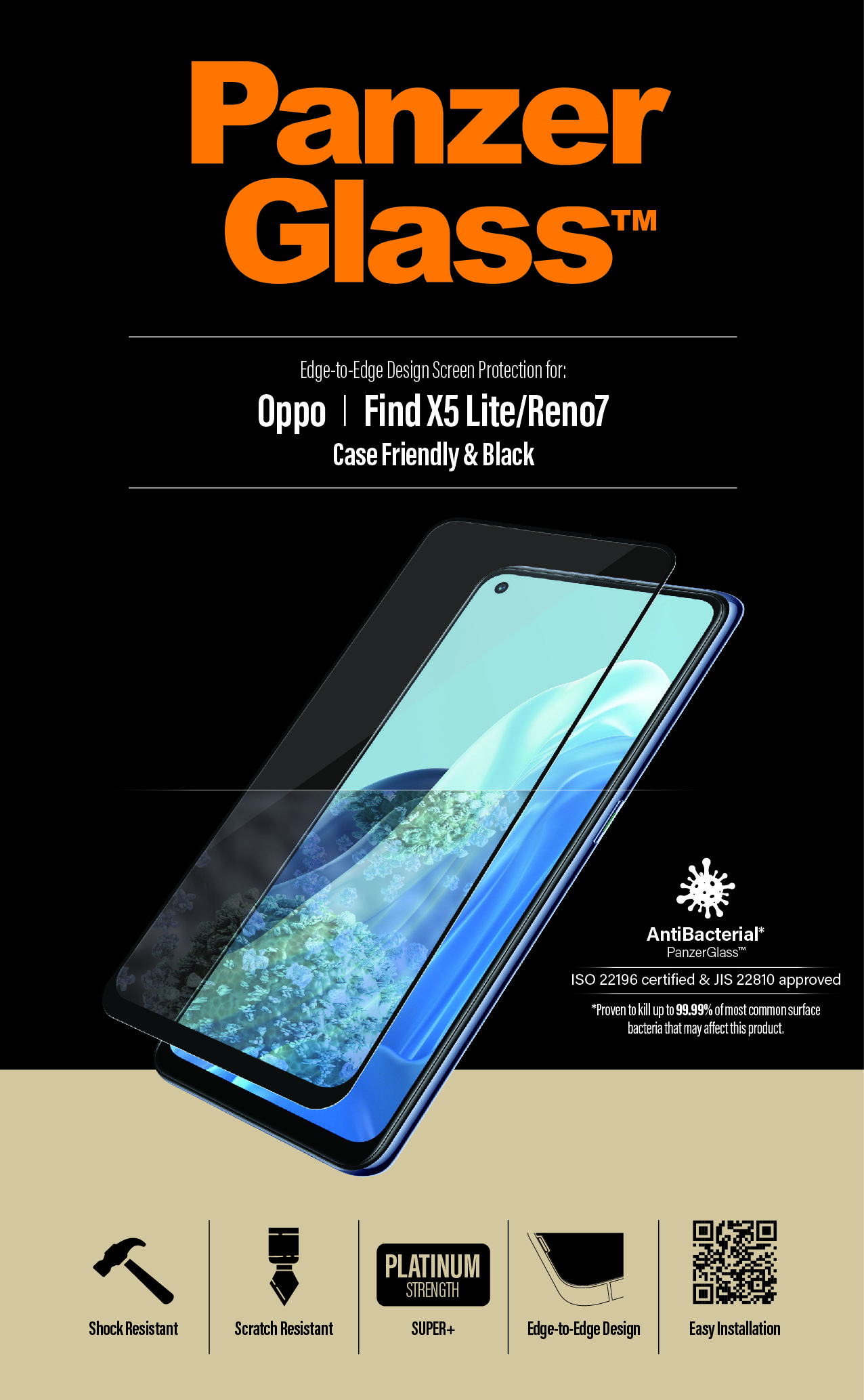 Proteggi schermo PanzerGlass su un telefono. Caratteristiche: design edge-to-edge, antibatterico, resistente agli urti e ai graffi.