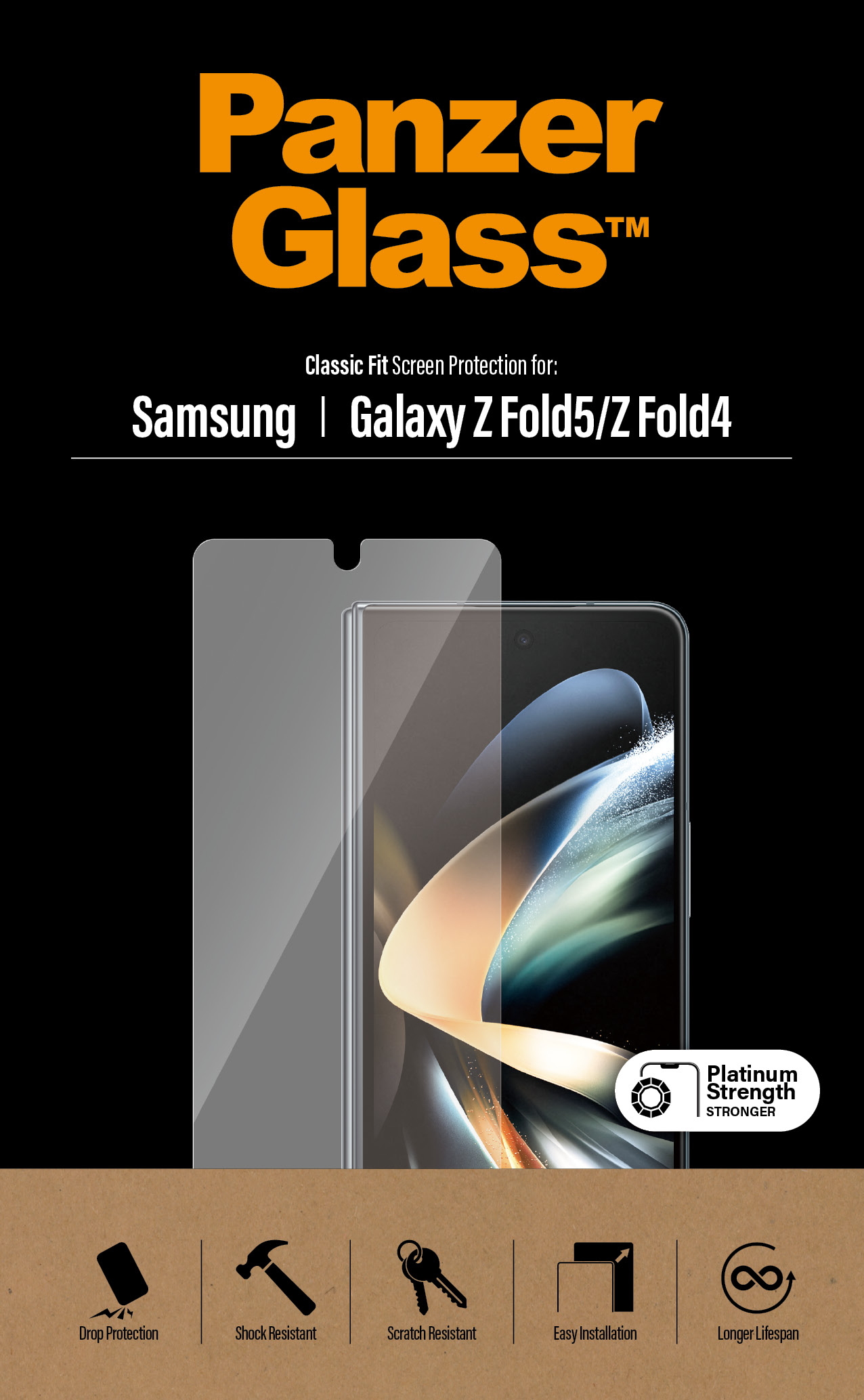 Protezione schermo PanzerGlass per Samsung Galaxy Z Fold5/Z Fold4. Resistente a cadute, urti e graffi, facile installazione e maggiore durata.