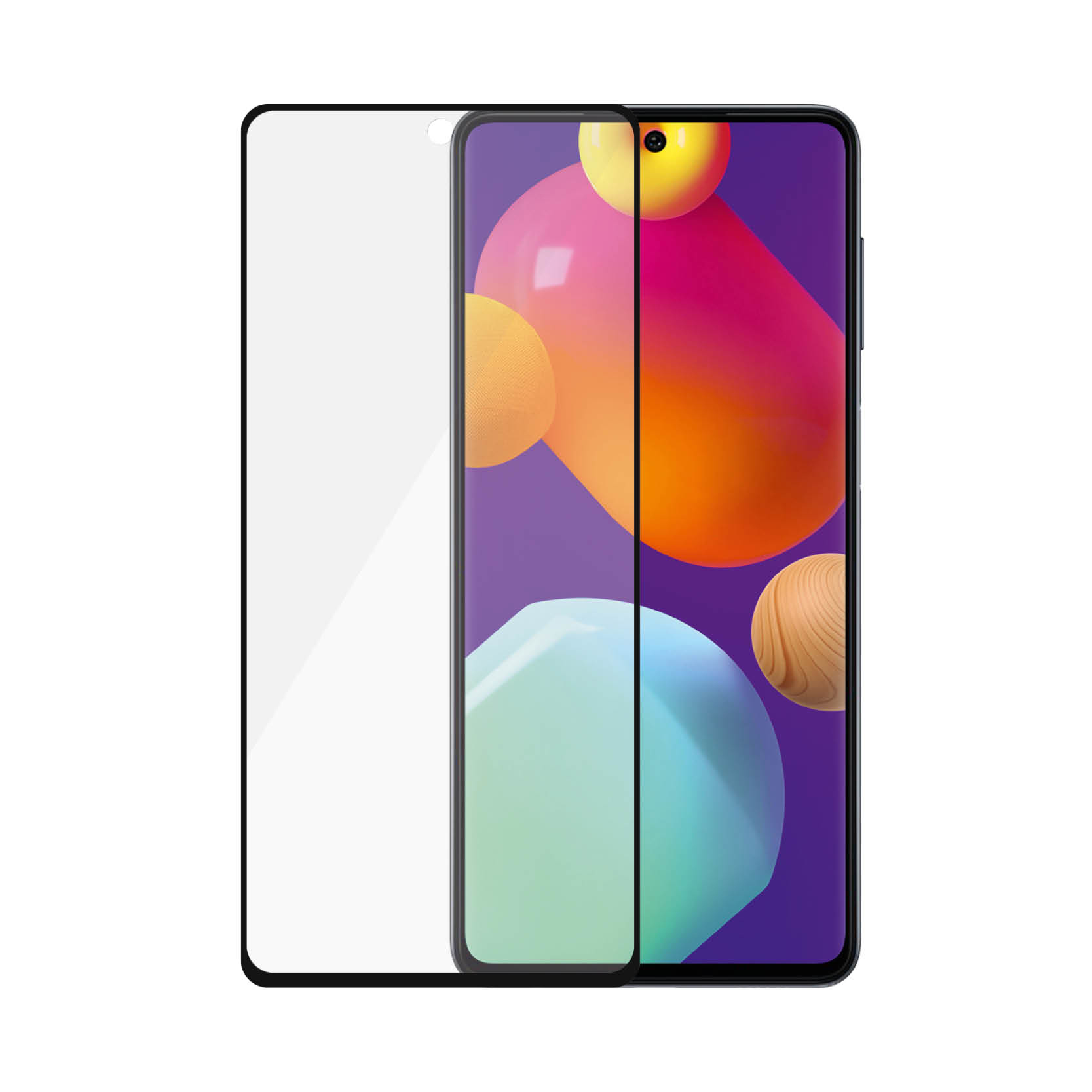 Uno schermo del telefono con protezione. Lo schermo ha globi colorati e la protezione è trasparente.