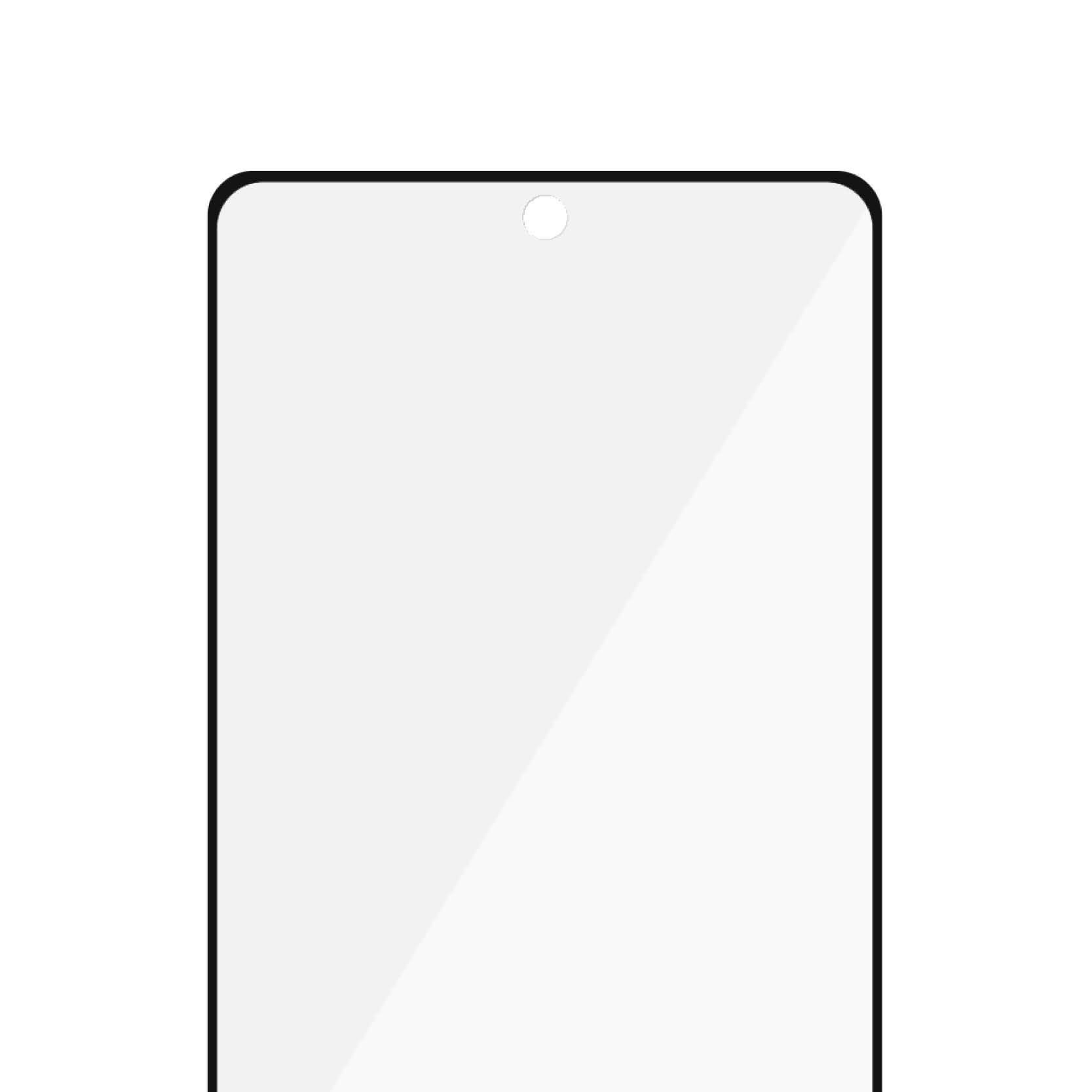 Primo piano di una protezione schermo per smartphone. È bianca, con un bordo nero. C'è un foro in alto.