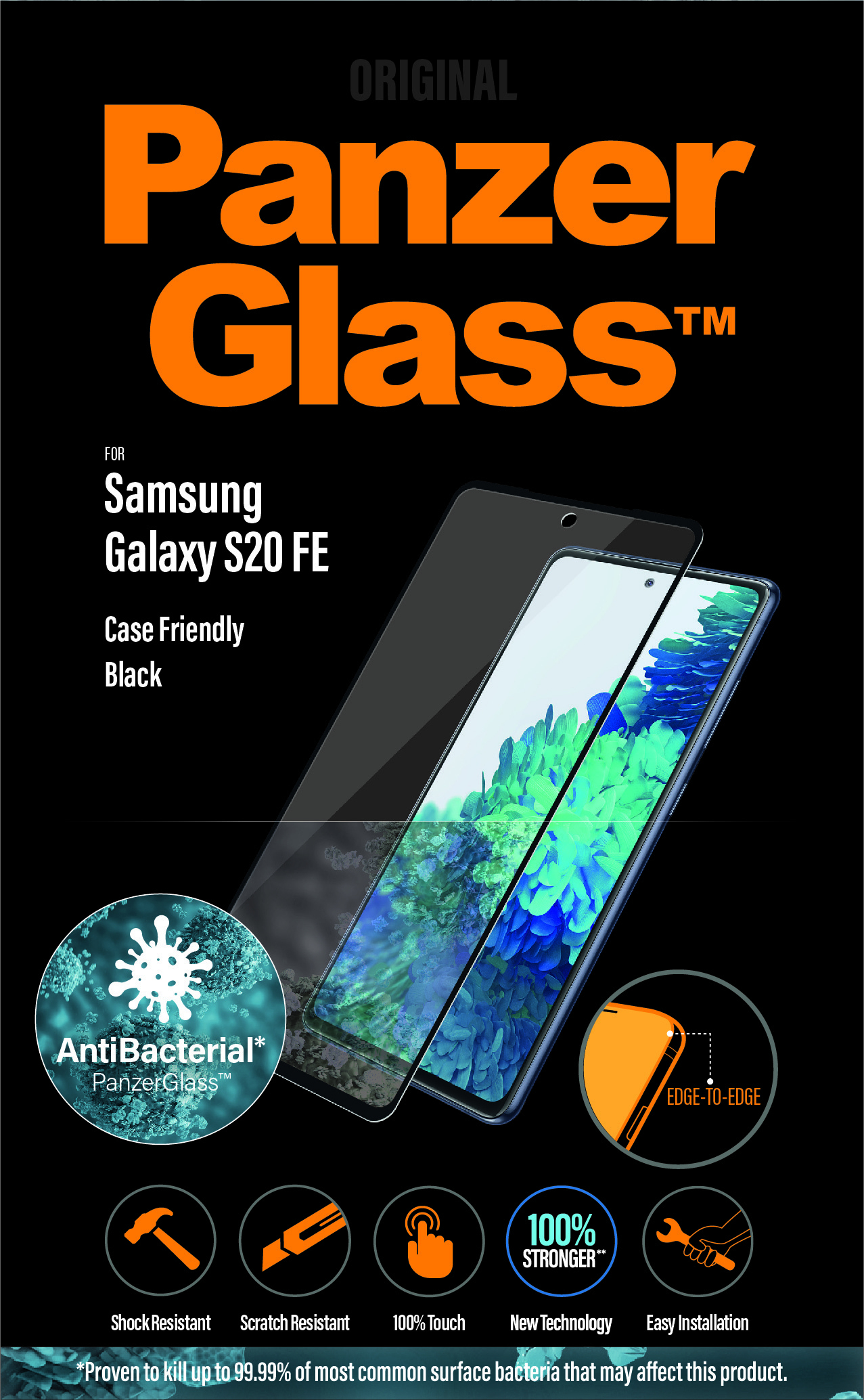 Un proteggi schermo con il marchio PanzerGlass su sfondo nero. È per un Samsung Galaxy S20 FE.