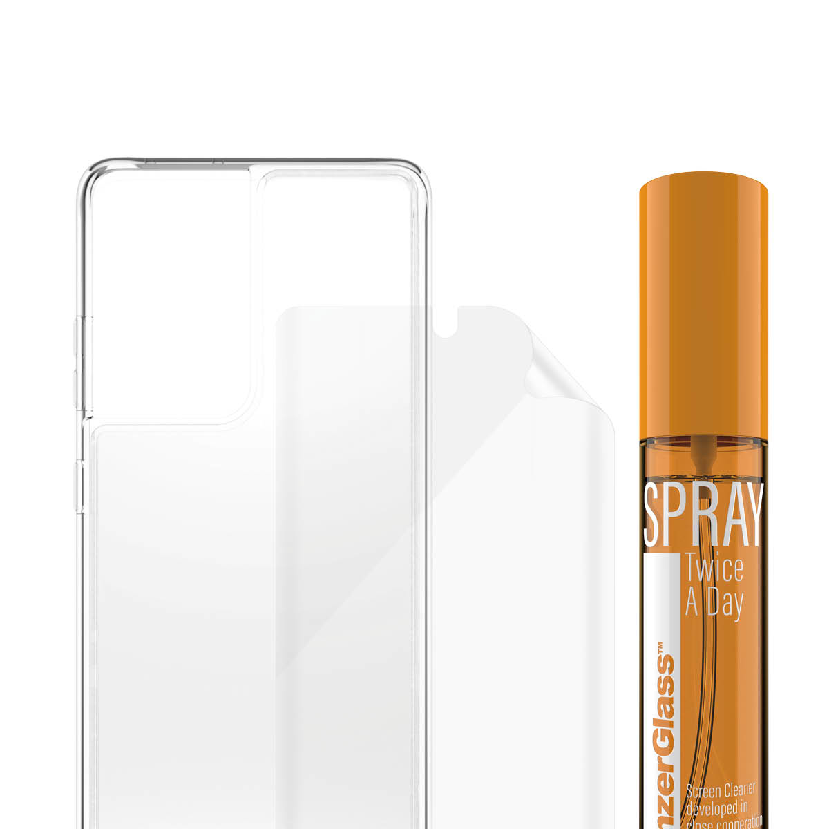 Custodia trasparente per telefono, protezione schermo e flacone spray arancione con scritta 'Spray Twice A Day' su sfondo bianco.
