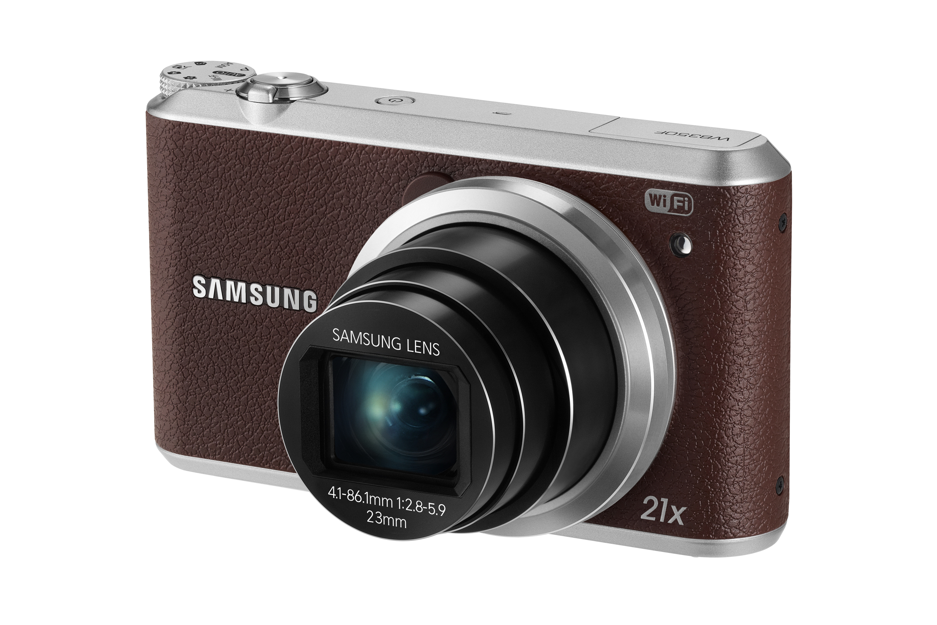 Een bruine Samsung-camera met een zilveren bovenkant. De lens is zwart. Het heeft wifi en 21x zoom.