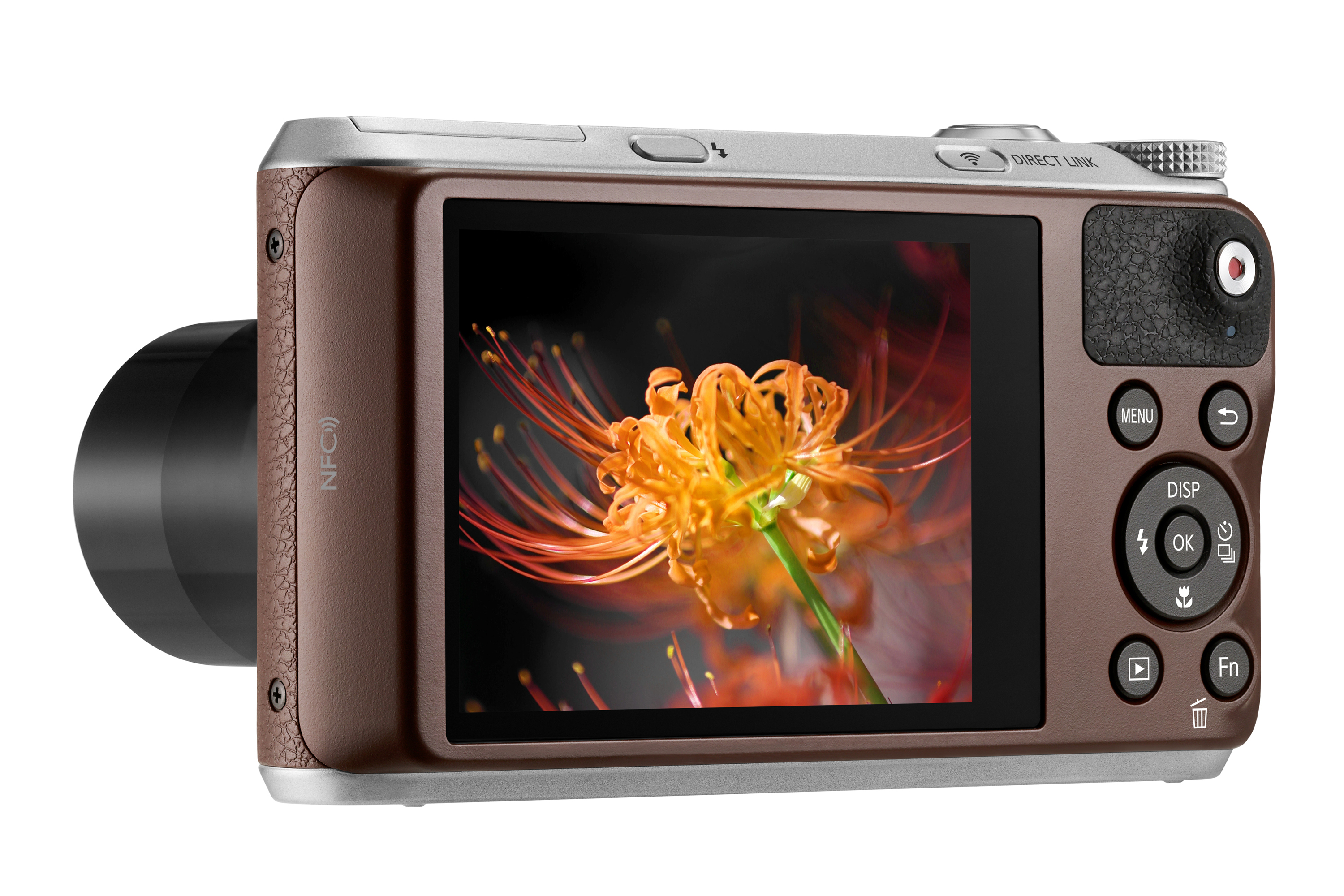 Een bruine camera toont een bloemenafbeelding. Het heeft een zilveren bovenkant en een zwarte lens. Knoppen en een scherm zijn zichtbaar.