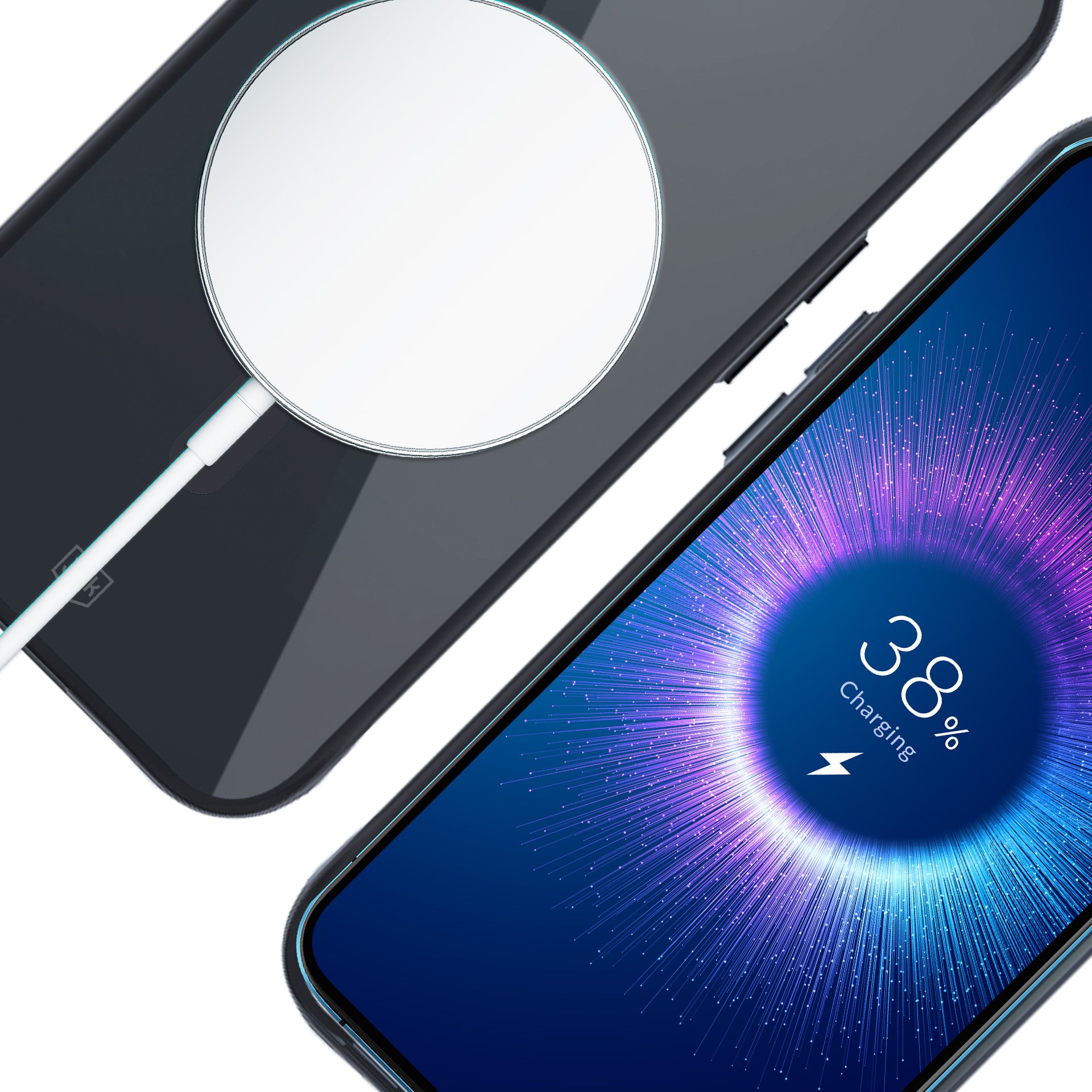 Due telefoni, uno in carica wireless. Il telefono destro mostra il 38% di carica. Un caricatore bianco è collegato.