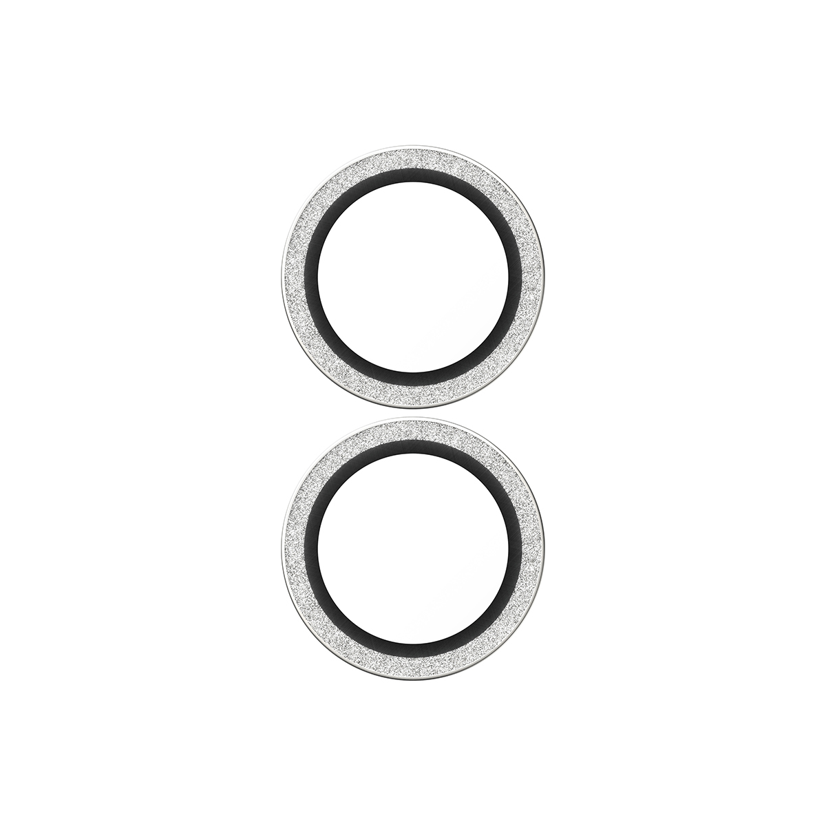 Deux cercles concentriques. L'anneau extérieur est argenté avec des paillettes, l'intérieur est noir et le centre est blanc. Le tout sur fond blanc.