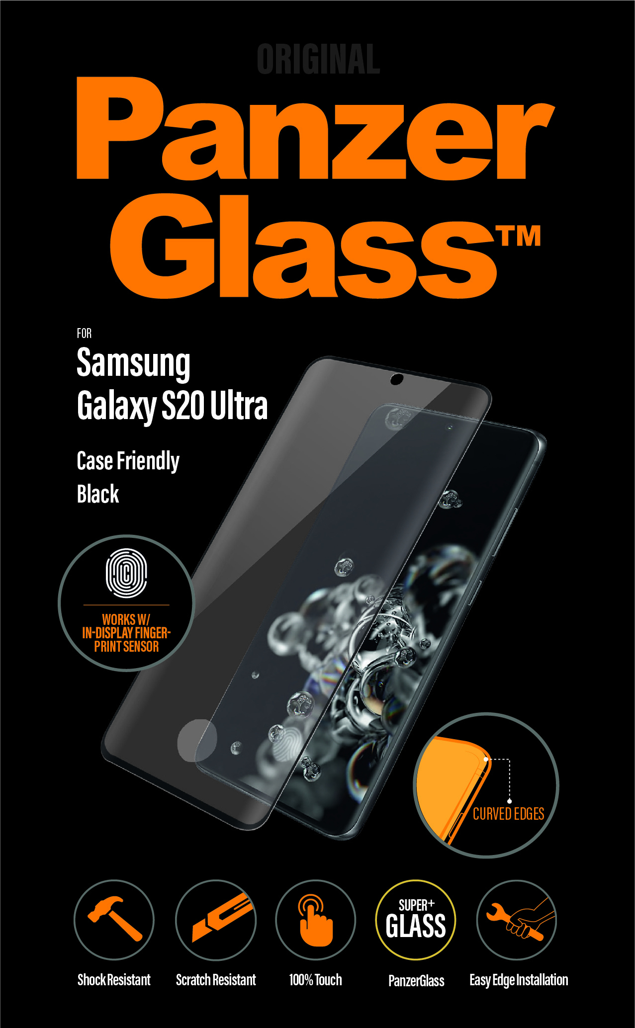 Proteggi schermo PanzerGlass nero per Samsung Galaxy S20 Ultra. Caratteristiche: bordi curvi, resistente agli urti e ai graffi.