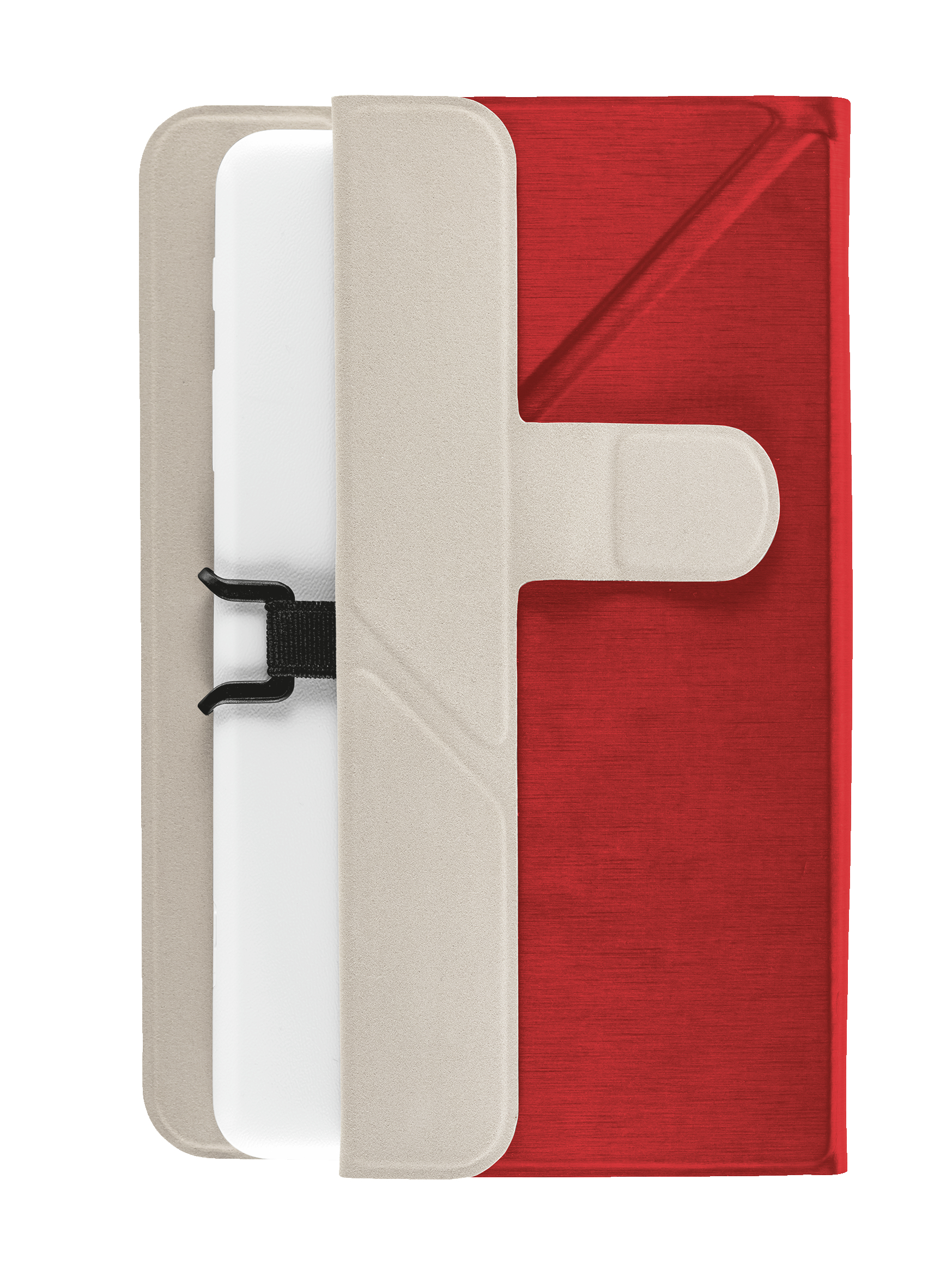 Een telefoonhoesje met een rode achterkant en een beige voorkant is open. Er zit een witte telefoon in.