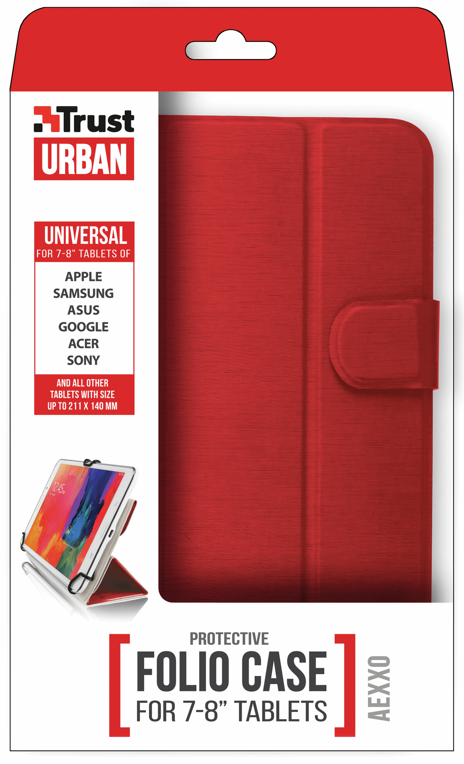 Een rode Trust Urban tablet folio case. De case is voor 7-8" tablets van verschillende merken. Een tablet wordt getoond.