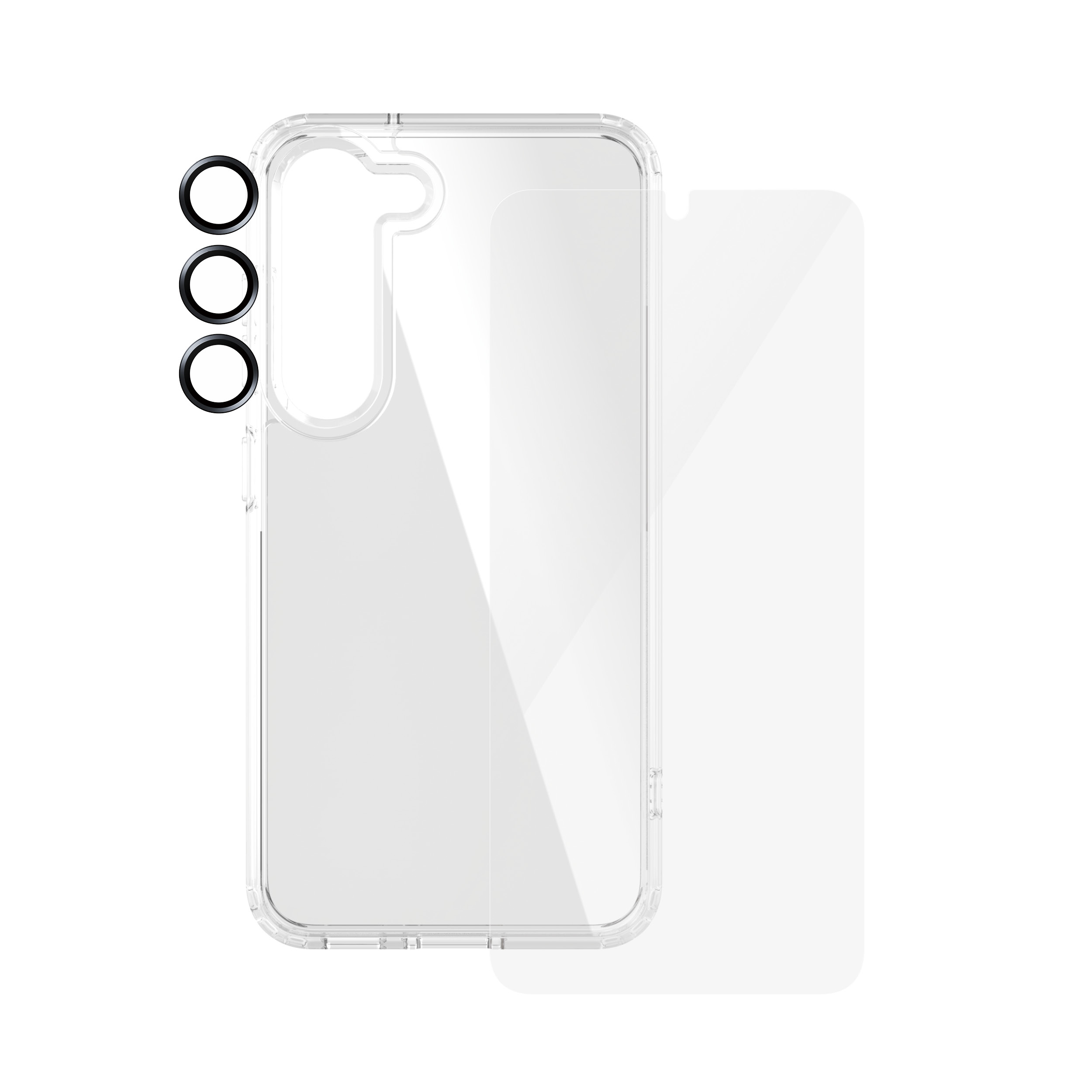 Una custodia trasparente per telefono, un proteggi schermo e tre protezioni per fotocamera nere su una superficie bianca.