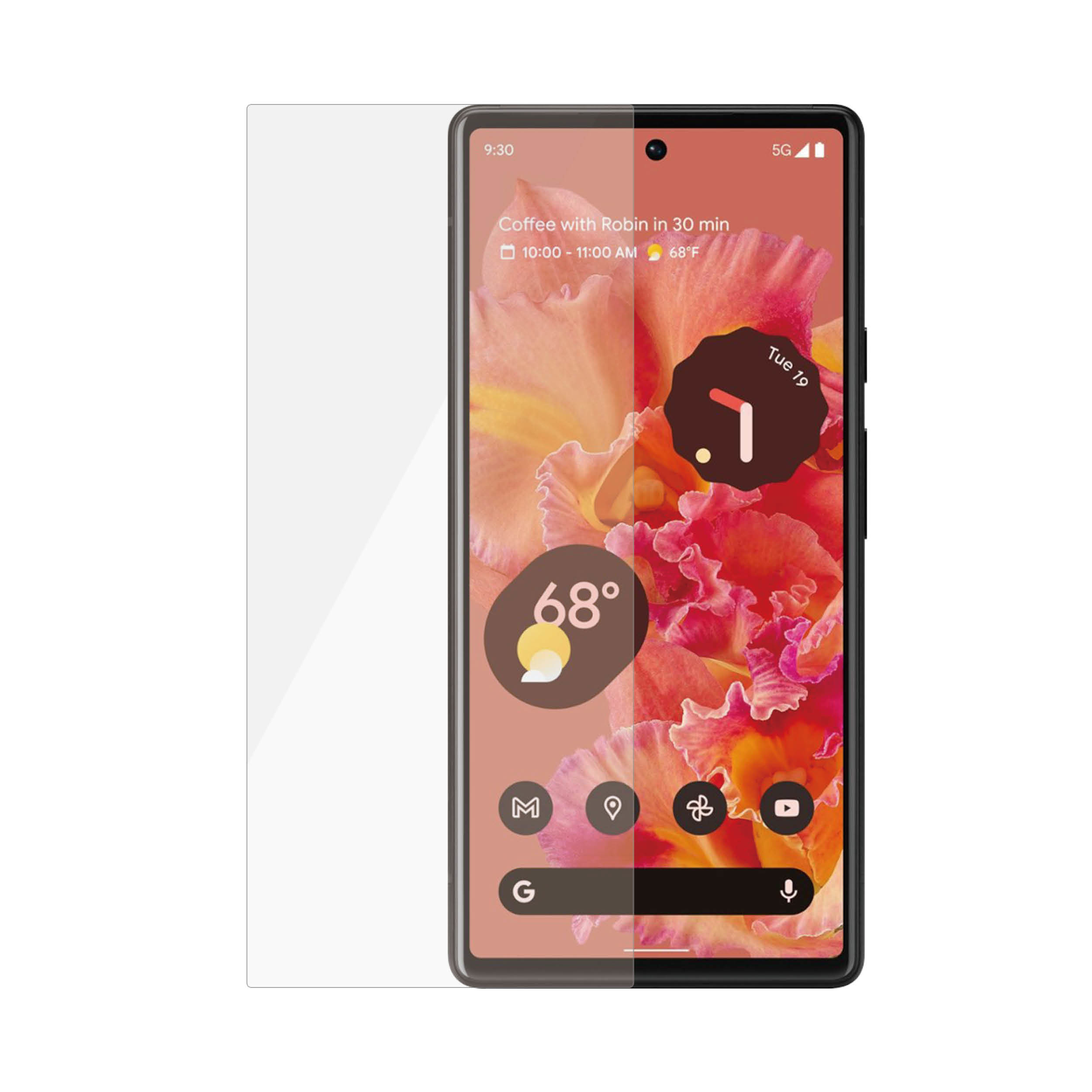 Uno smartphone mostra un'immagine floreale, con l'ora, il meteo e una notifica di riunione visibili.