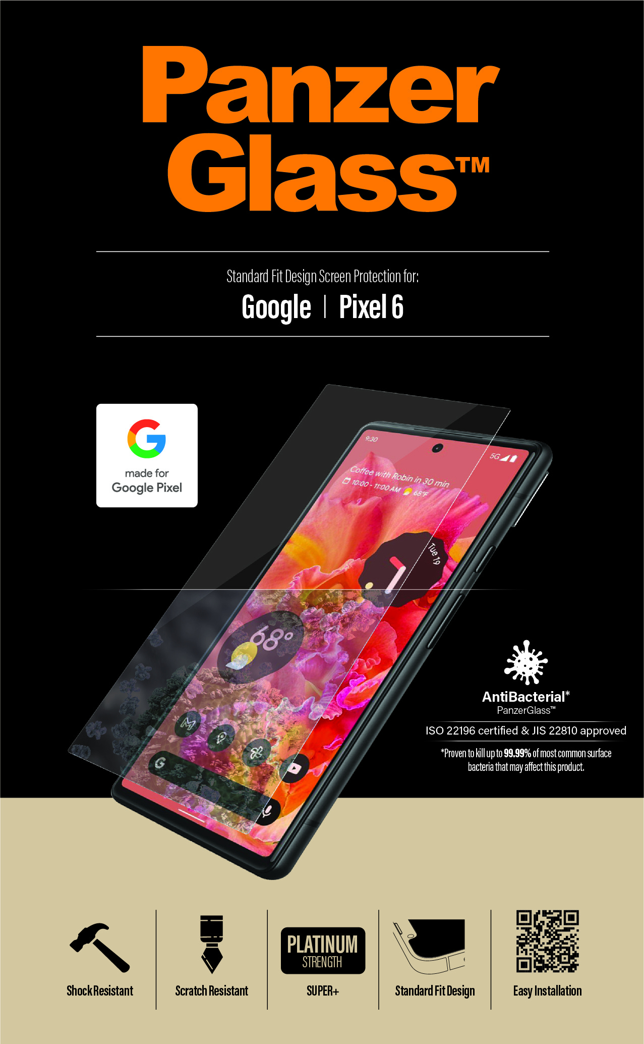 Un proteggi schermo PanzerGlass per un Google Pixel 6. Il telefono mostra uno sfondo floreale colorato, con icone. Il proteggi schermo è trasparente.