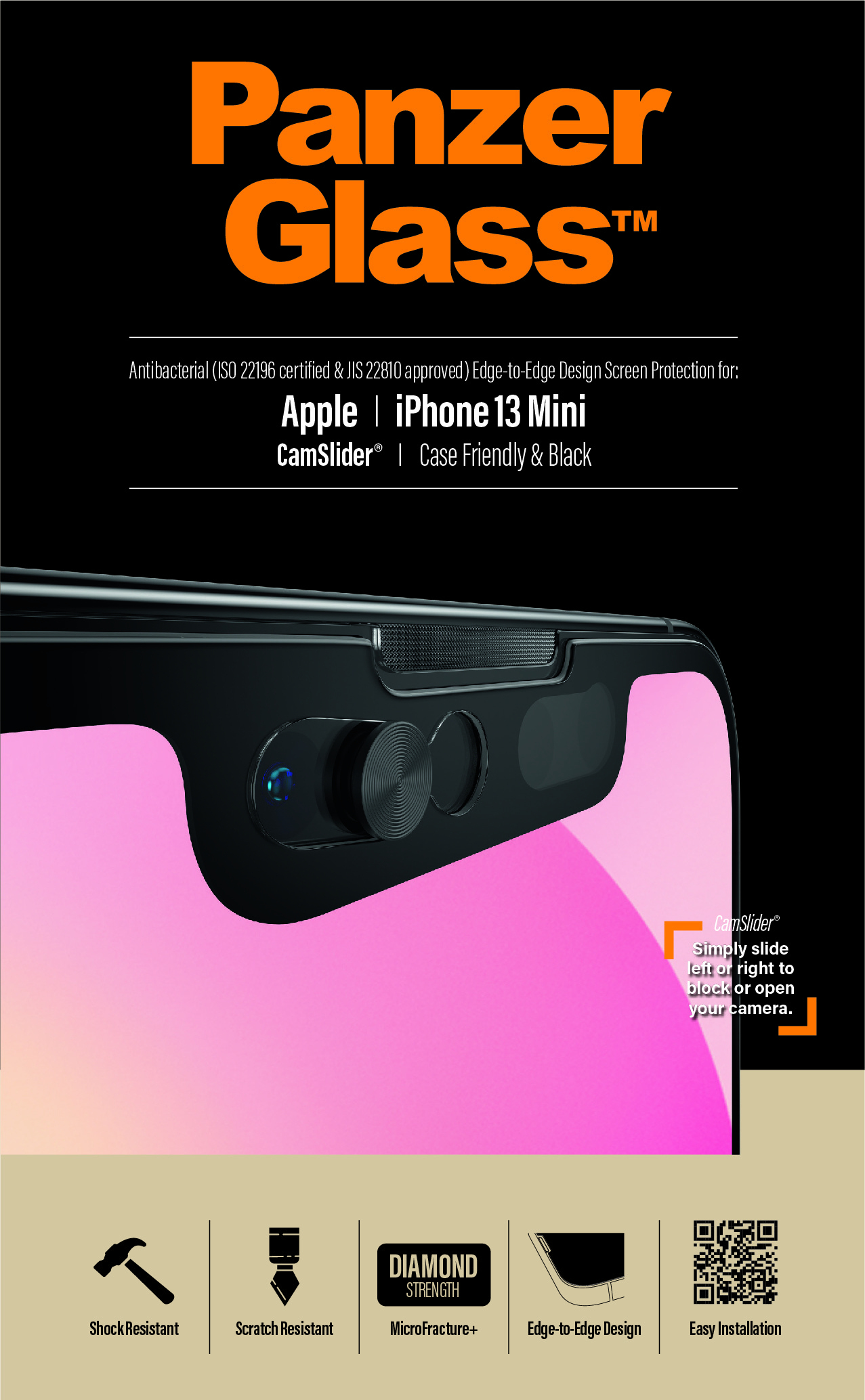 L'immagine mostra una protezione schermo per iPhone 13 Mini con caratteristiche come antibatterico, design edge-to-edge e cursore fotocamera.