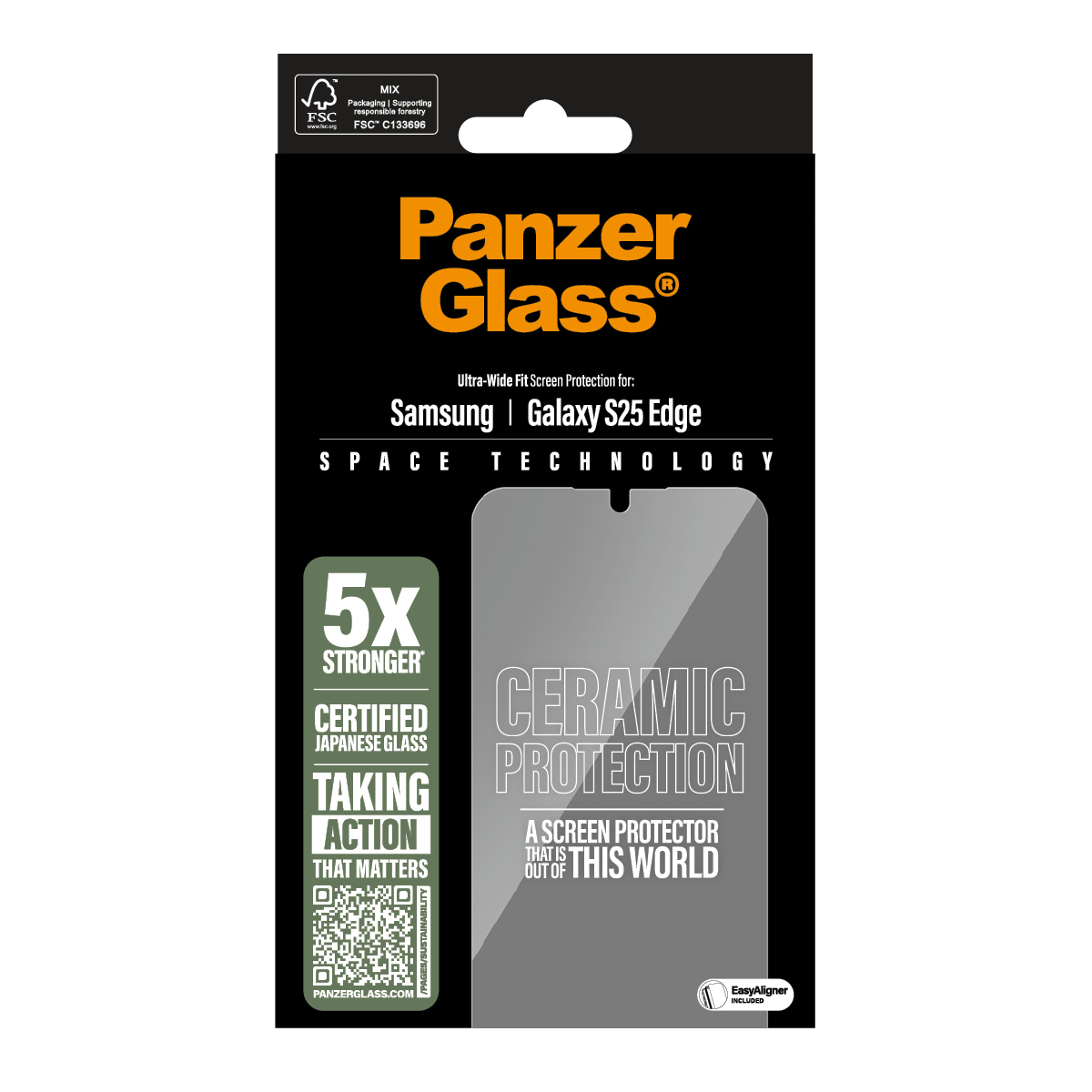 Czarne pudełko Panzer Glass. Tekst mówi 'Panzer Glass' z 'Ceramic Protection' dla Samsung Galaxy S25 Edge. Zawiera 'EasyAligner'.