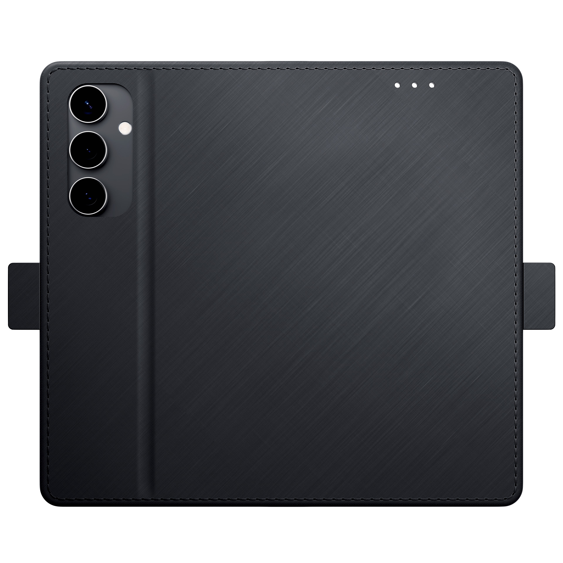 Czarne etui na telefon z teksturowaną powierzchnią, trzema obiektywami i magnetycznym zamknięciem.