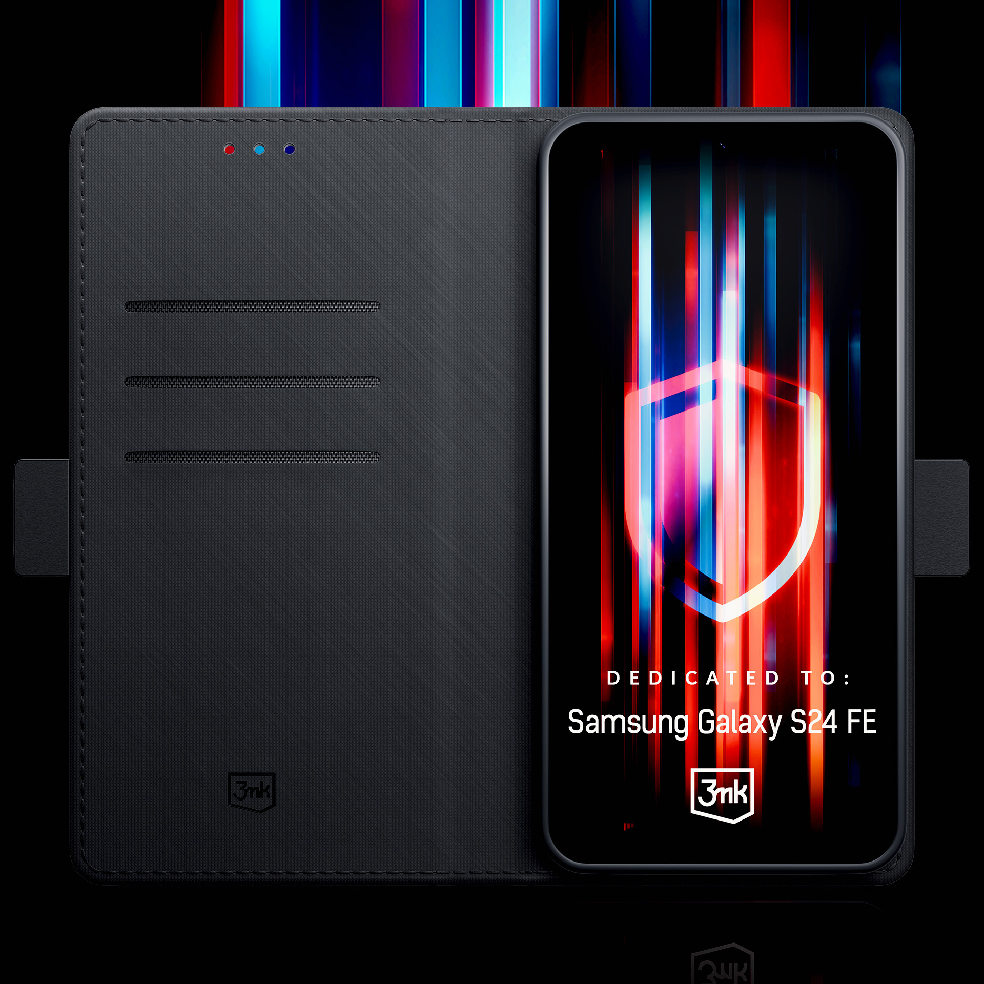 Czarne etui na telefon z telefonem wyświetlającym grafikę tarczy. Telefon jest przeznaczony dla Samsung Galaxy S24 FE.