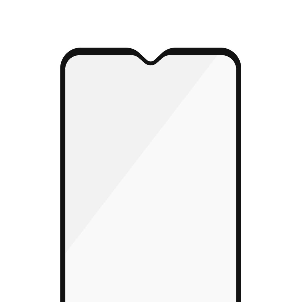 Una protezione per lo schermo dello smartphone. Ha un bordo nero e un notch in alto. Lo schermo è bianco.