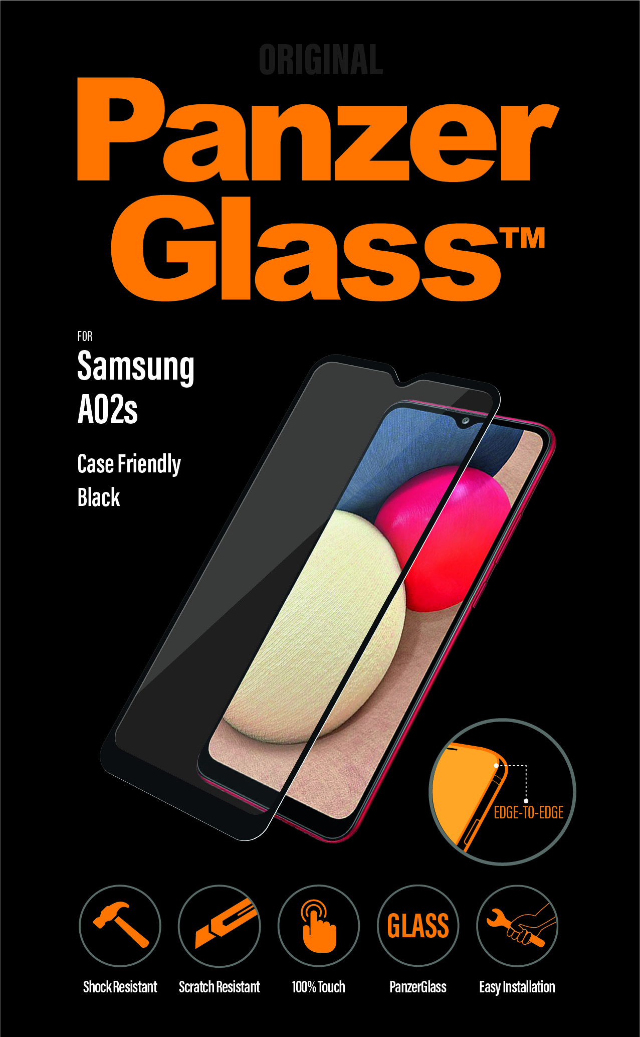 Sfondo nero con protezione schermo e immagine del telefono. Il testo include 'Panzer Glass' e 'Samsung A02s'.