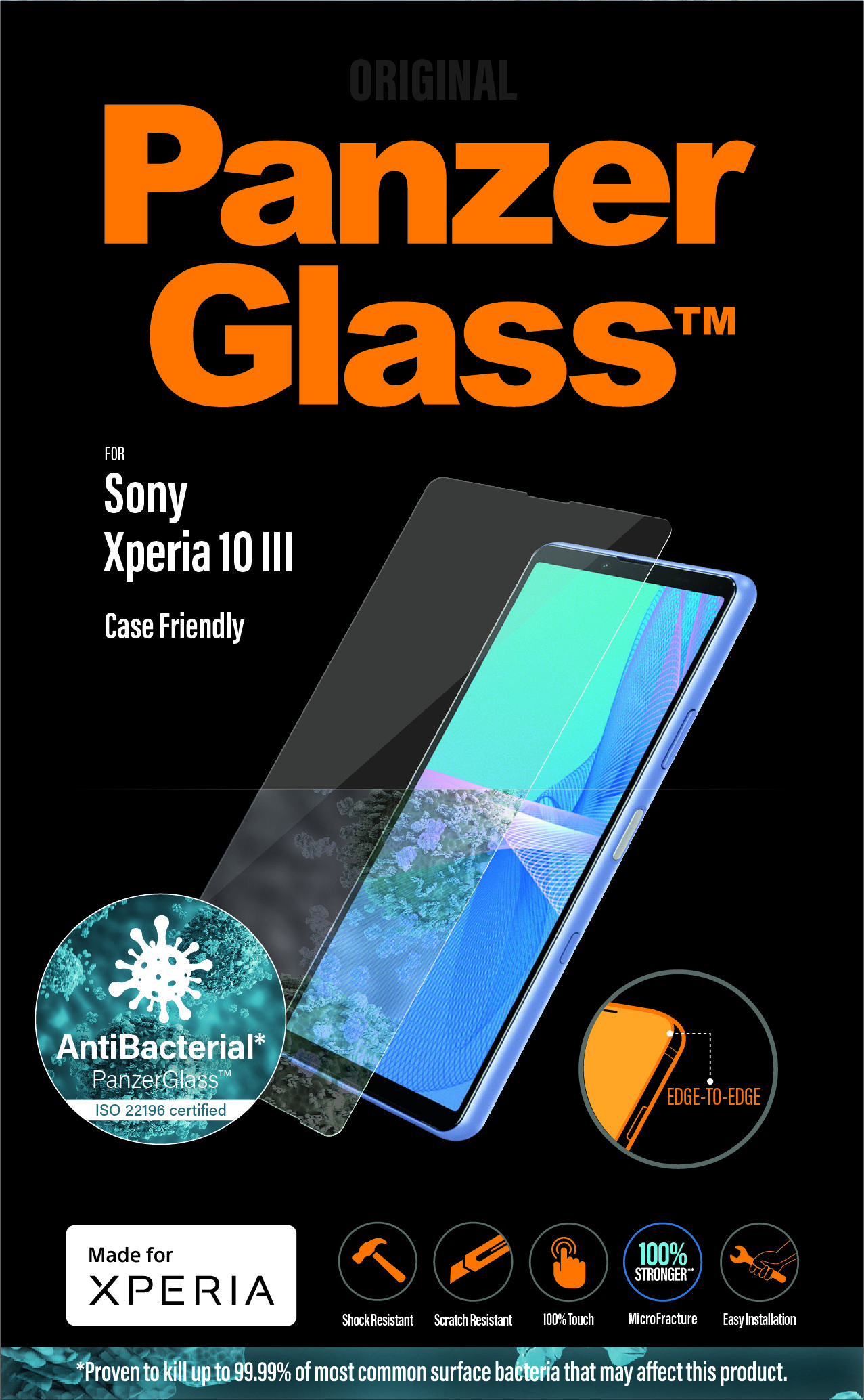Un proteggi schermo per telefono con il marchio PanzerGlass, un telefono e il suo proteggi schermo sono visualizzati su sfondo nero.
