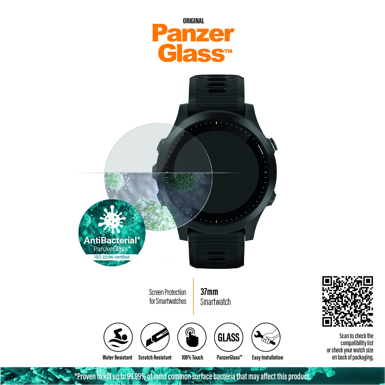 Smartwatch negra con protector de pantalla Panzer Glass, pegatina antibacteriana y detalles del producto. Texto incluye 'Protección de pantalla', '37mm Smartwatch'.