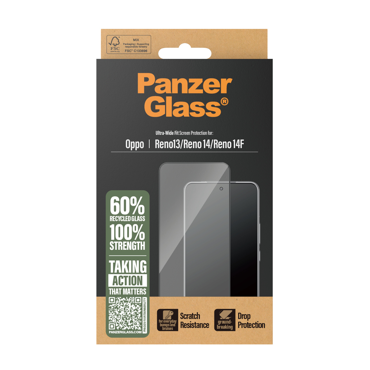 Una scatola di protezione schermo PanzerGlass per telefoni Oppo. Evidenzia il 60% di vetro riciclato, il 100% di resistenza e la resistenza ai graffi.
