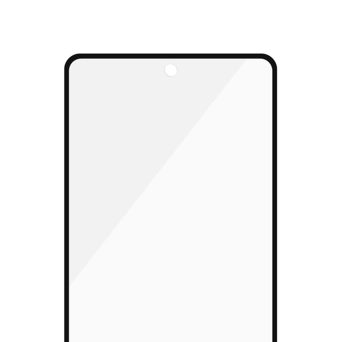 Un protecteur d'écran de smartphone. Il est rectangulaire avec des coins arrondis et un bord noir. Un petit cercle est au centre supérieur.