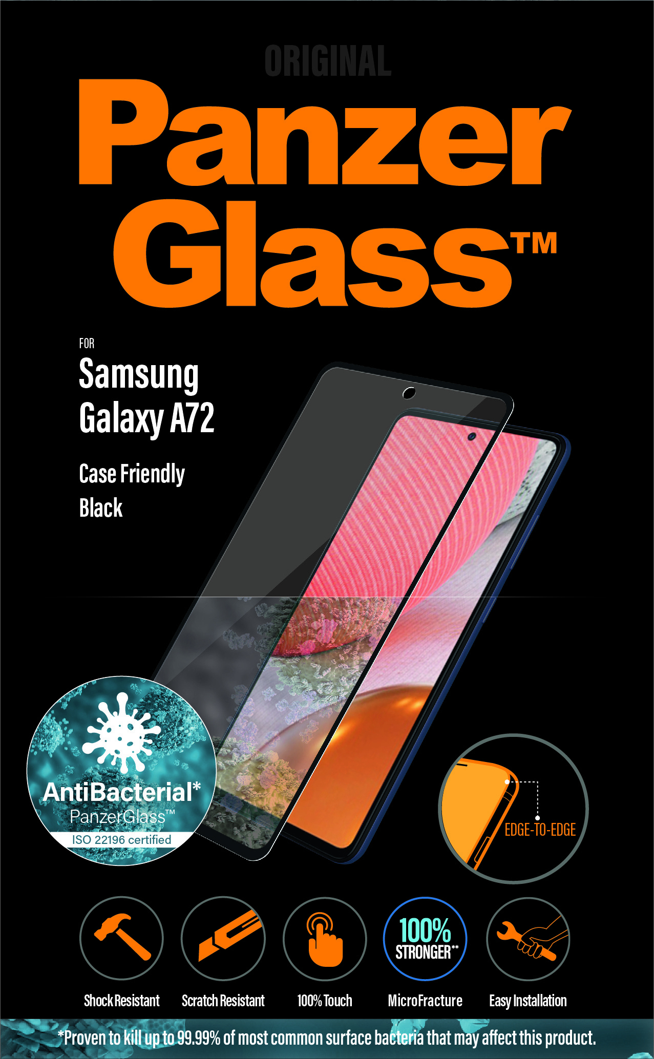 Fond noir avec texte orange 'PanzerGlass'. Un protecteur d'écran est affiché sur un téléphone. Les caractéristiques sont listées.