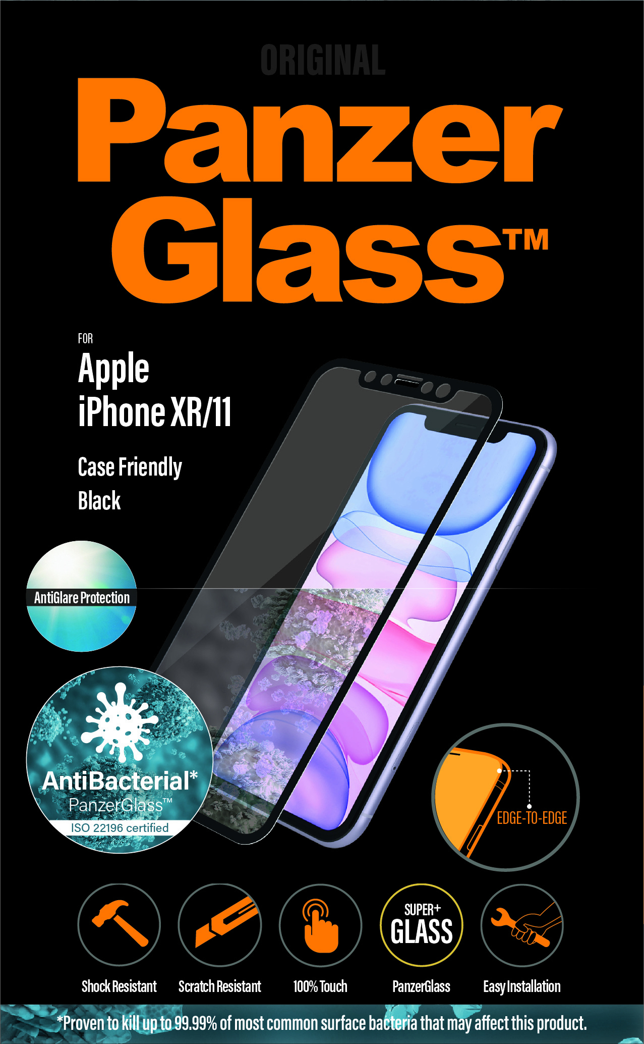 L'immagine mostra PanzerGlass per iPhone XR/11. Caratteristiche: AntiGlare, Antibatterico, Resistente agli urti, Resistente ai graffi.