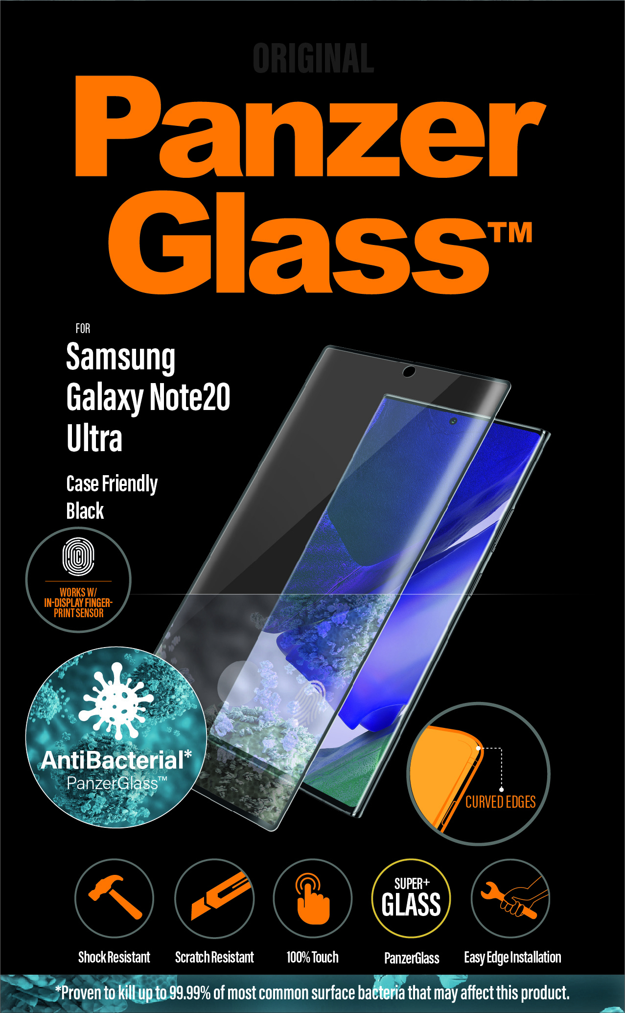 Un proteggi schermo PanzerGlass per Samsung Galaxy Note20 Ultra. Caratteristiche: antibatterico, bordi curvi e sensibilità al tocco.