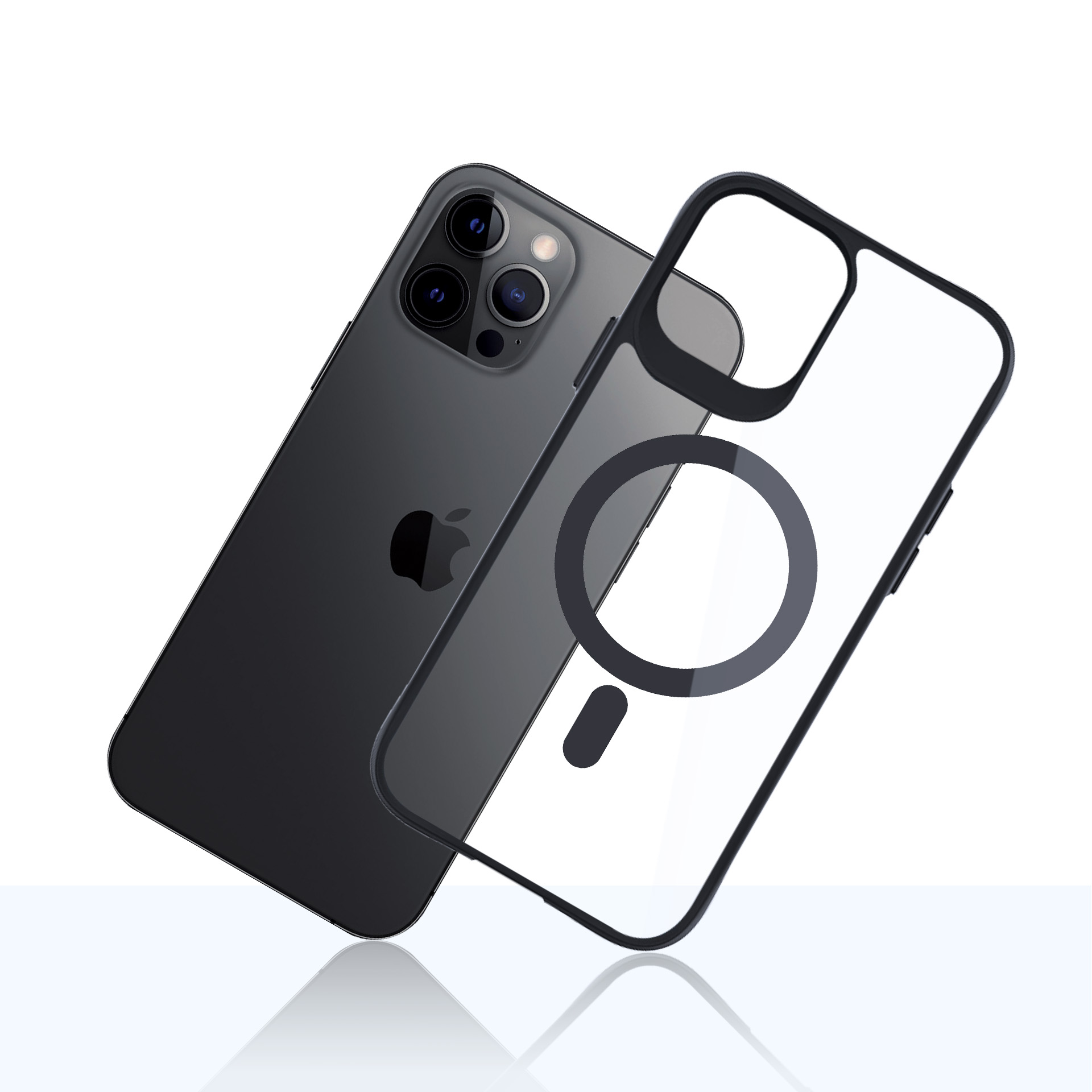 iPhone nero con custodia trasparente. Il telefono ha il logo Apple. La custodia ha un design MagSafe circolare.