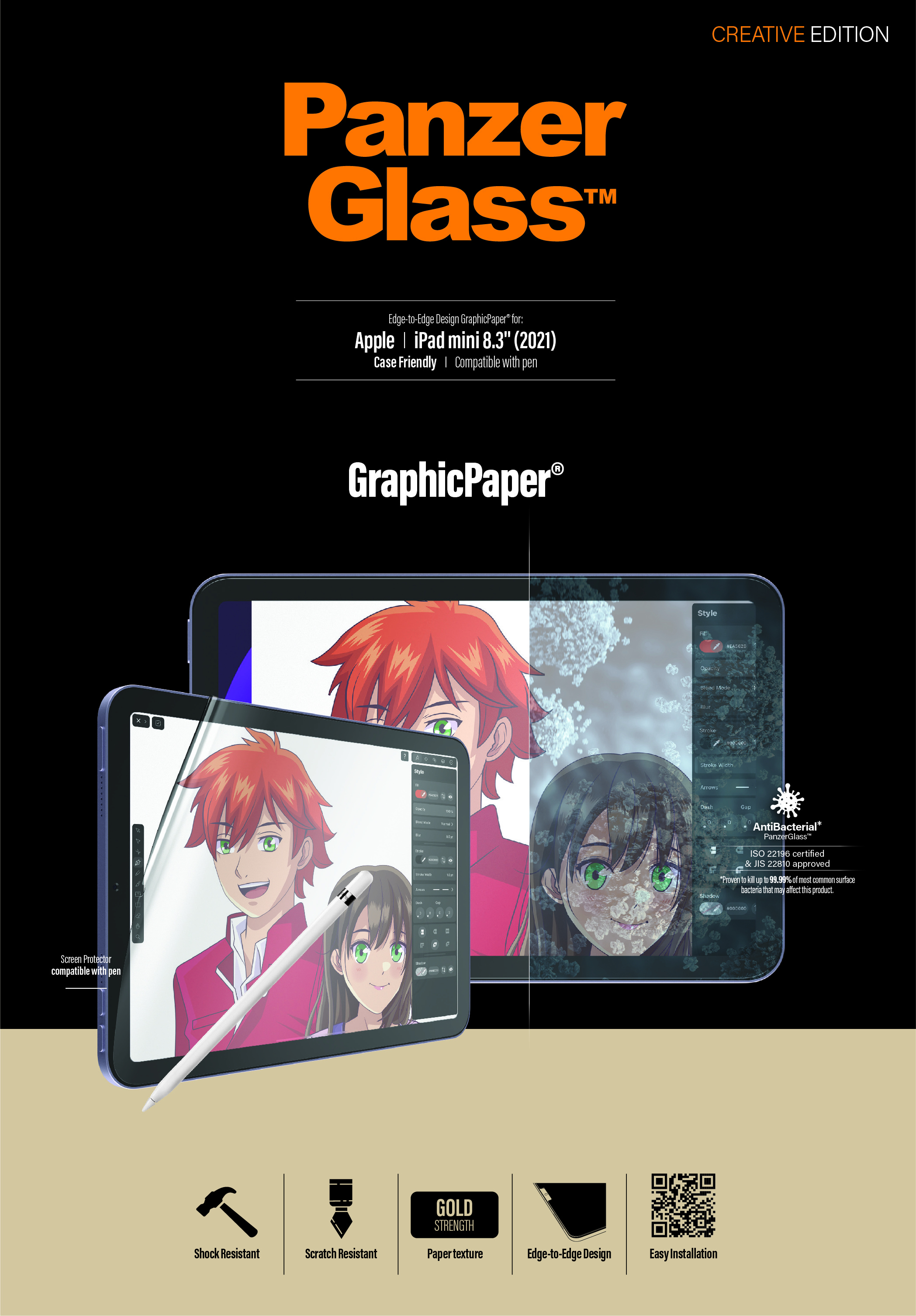Reklama ochraniacza ekranu PanzerGlass. Zawiera iPada z postaciami z anime, rysikiem i cechami produktu.