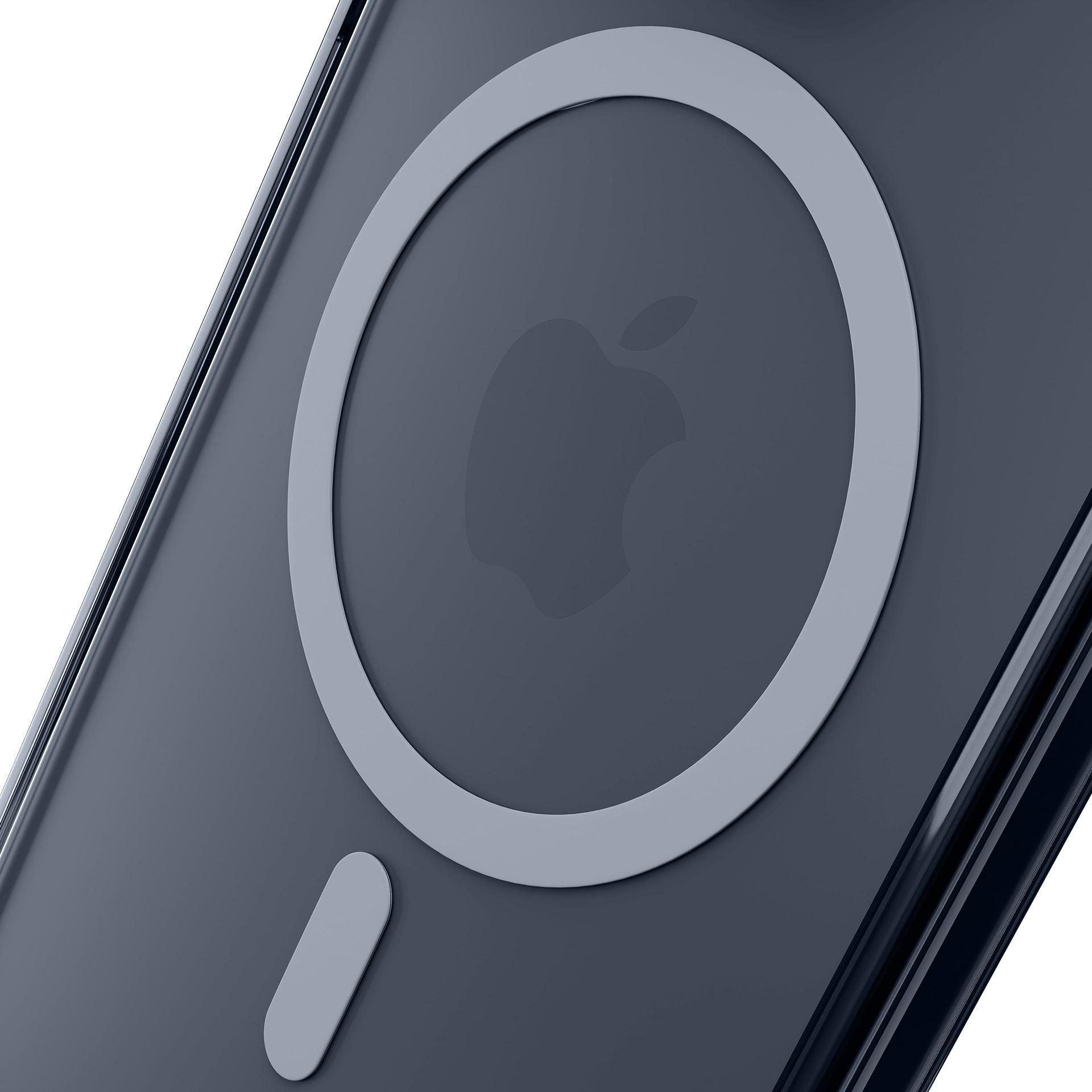 Primo piano di una custodia per telefono grigio scuro. Un anello grigio chiaro e un piccolo rettangolo sono visibili, con il logo Apple.