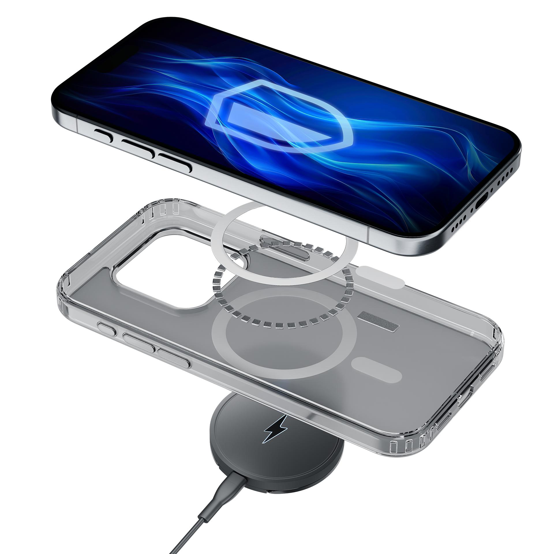 Smartfon z ekranem ładowania, etui i ładowarką bezprzewodową. Telefon nad etui, ładowarka na dole.