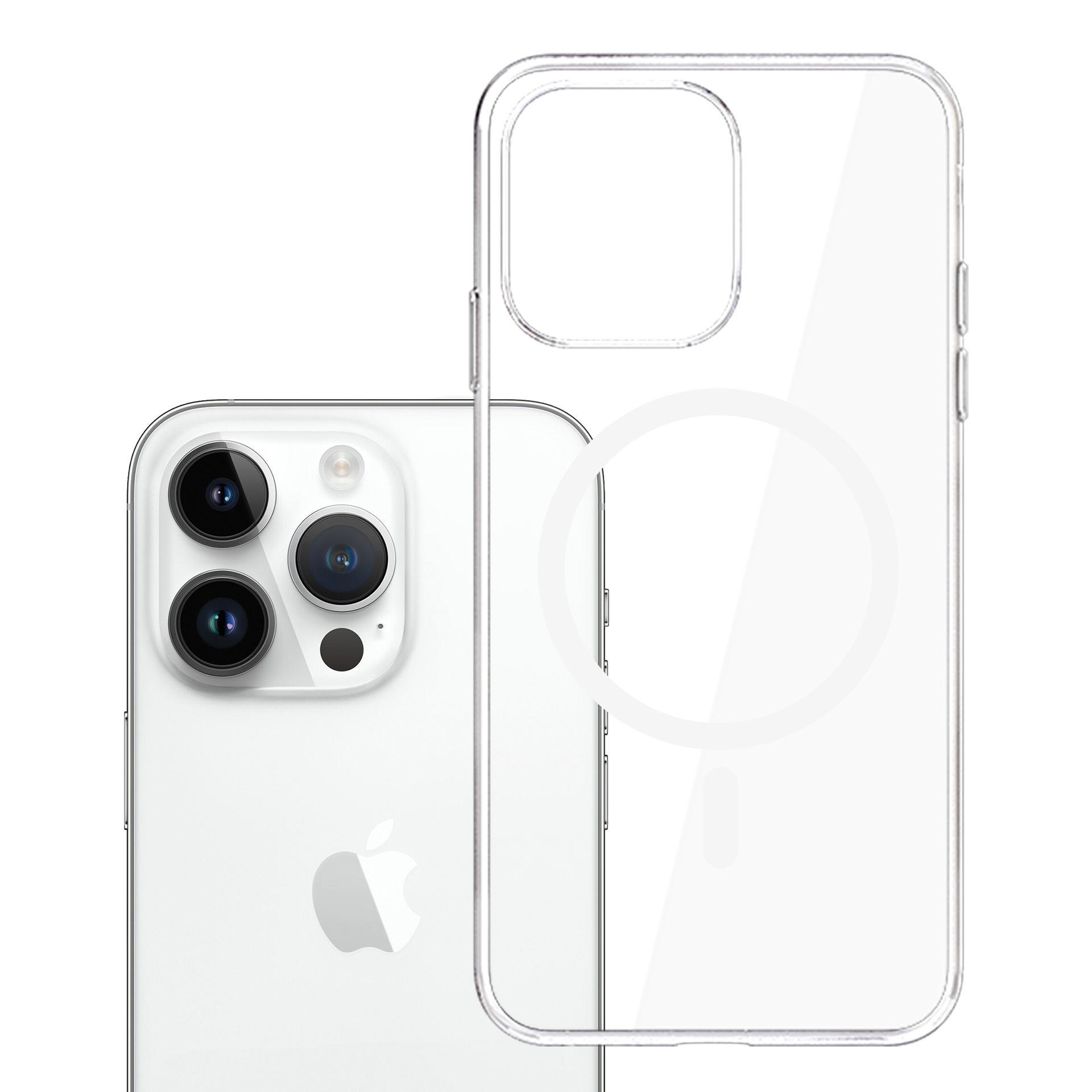 Un iPhone bianco con una custodia trasparente. Il telefono ha tre lenti. La custodia è trasparente.