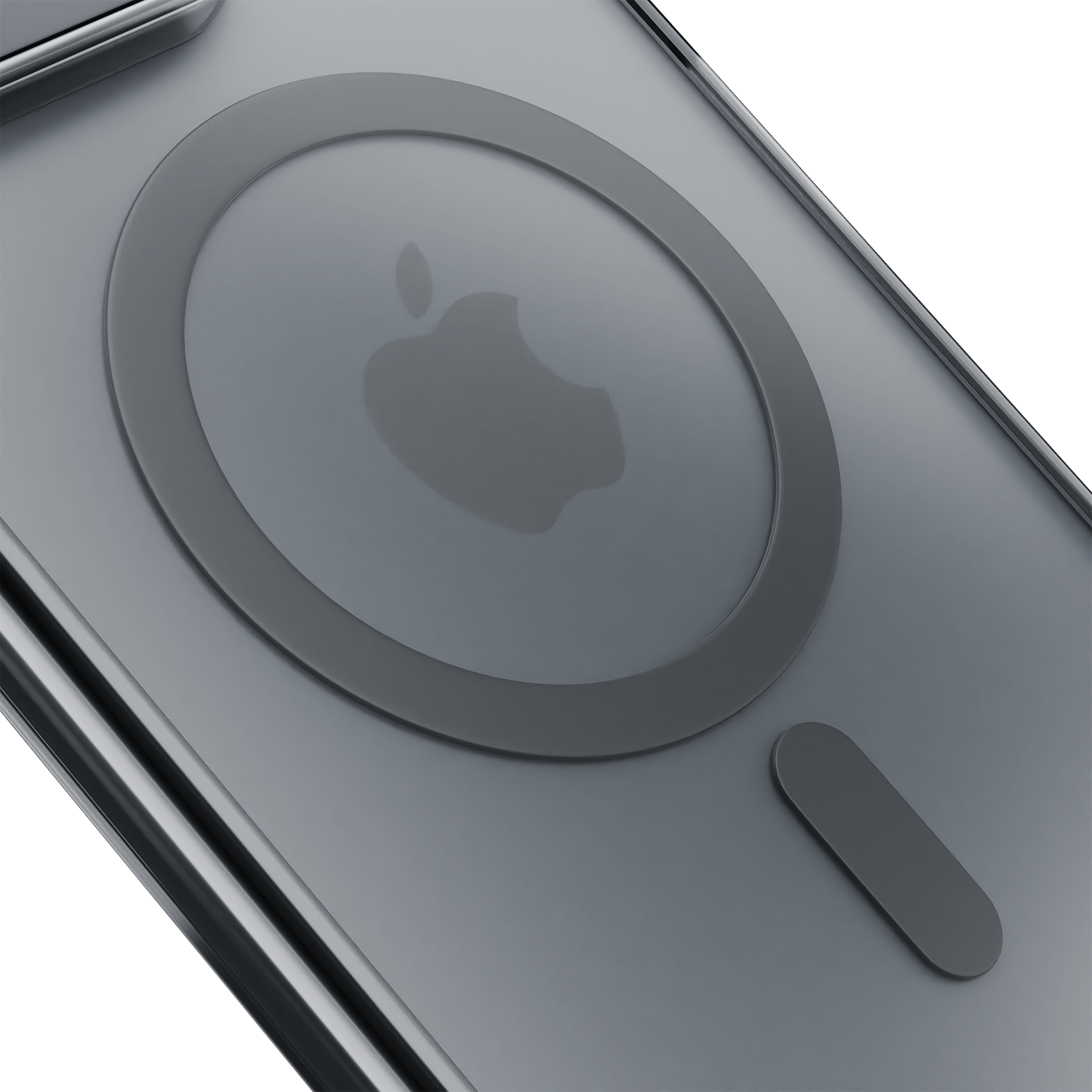 Primo piano del retro grigio di un telefono con logo Apple, anello e forma rettangolare.