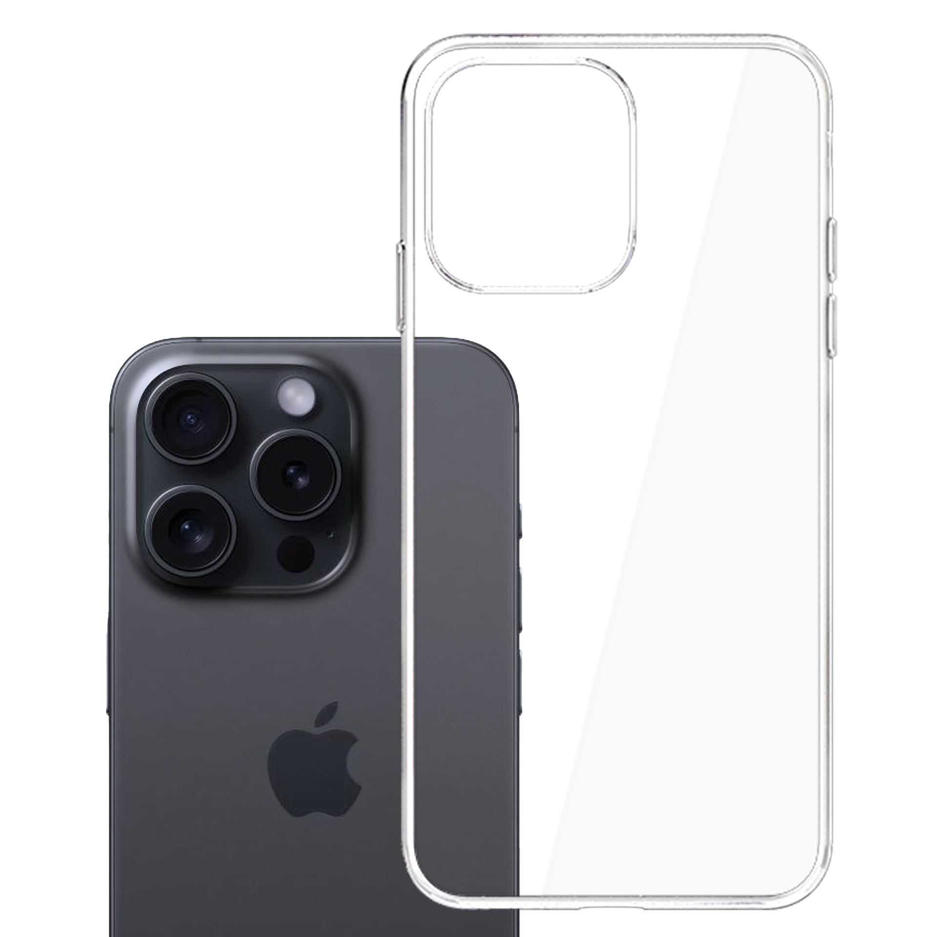 Un iPhone grigio scuro con una custodia trasparente. Il telefono ha quattro obiettivi sul retro.